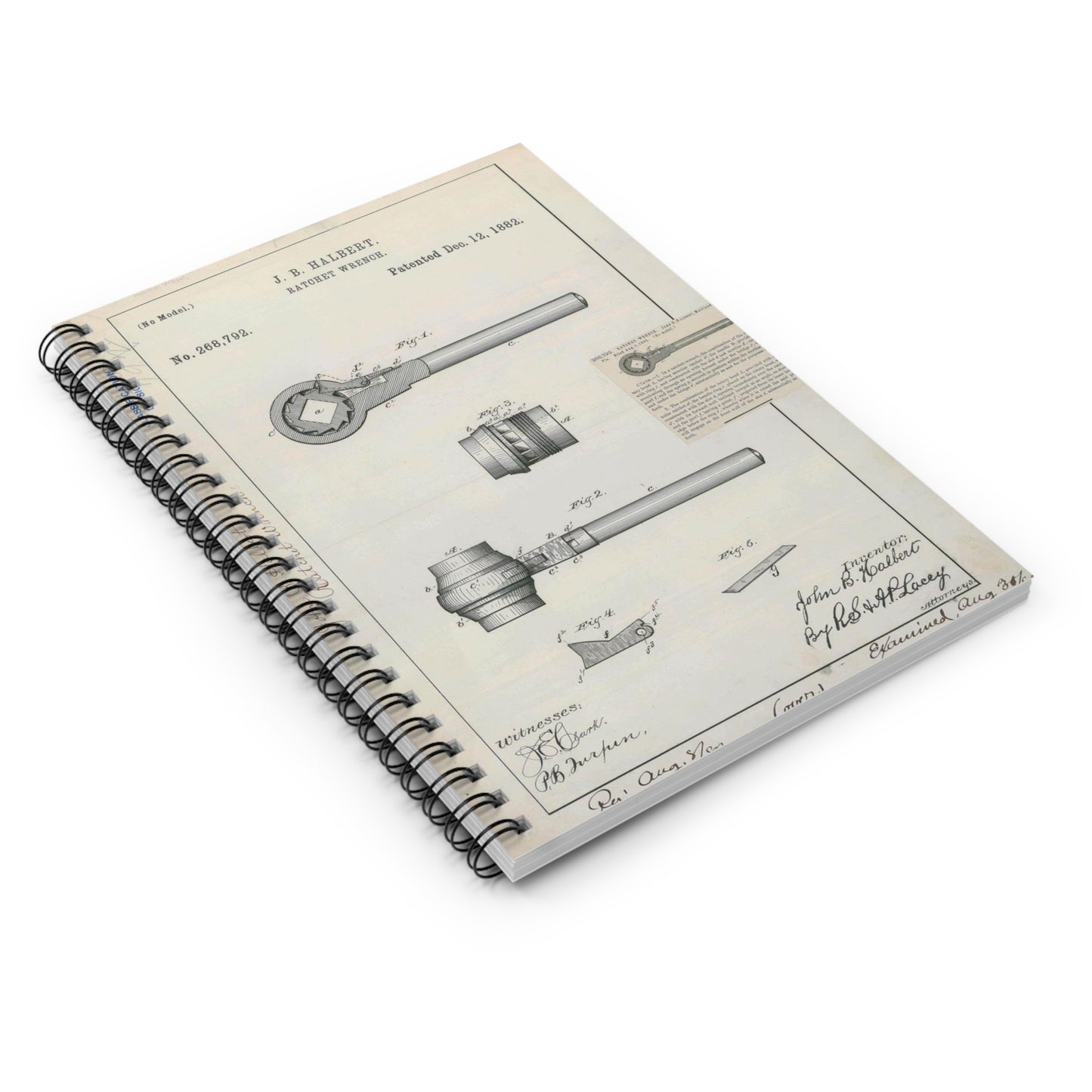 Patent Drawing of Engine - for J. B. Halbert's Ratchet Wrench Public domain image Spiral Bound Ruled Notebook with Printed Cover