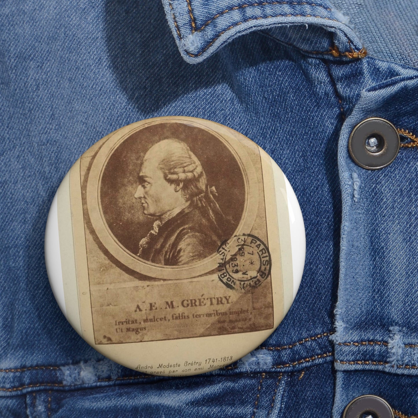 André Modeste Grétry 1741-1813 - Engraving, Public domain image Pin Buttons with Crisp Design