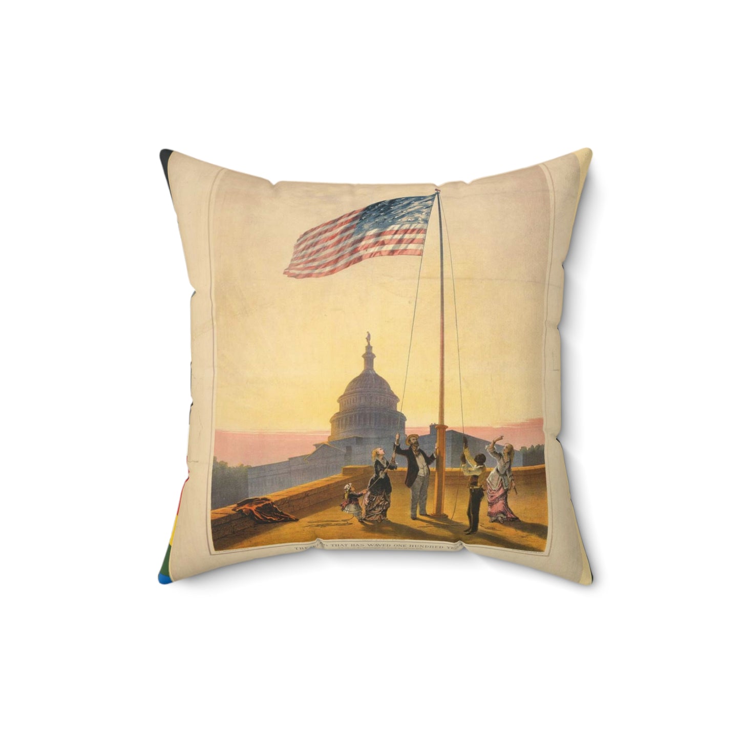 The flag that has waved one hundred years--A scene on the morning of the fourth day of July 1876 / Fabronius ; E.P. & L. Restein's oilchromo, Philadelphia. ; National Chromo Co. pub., Philadelphia. Decorative Accent Square Pillow