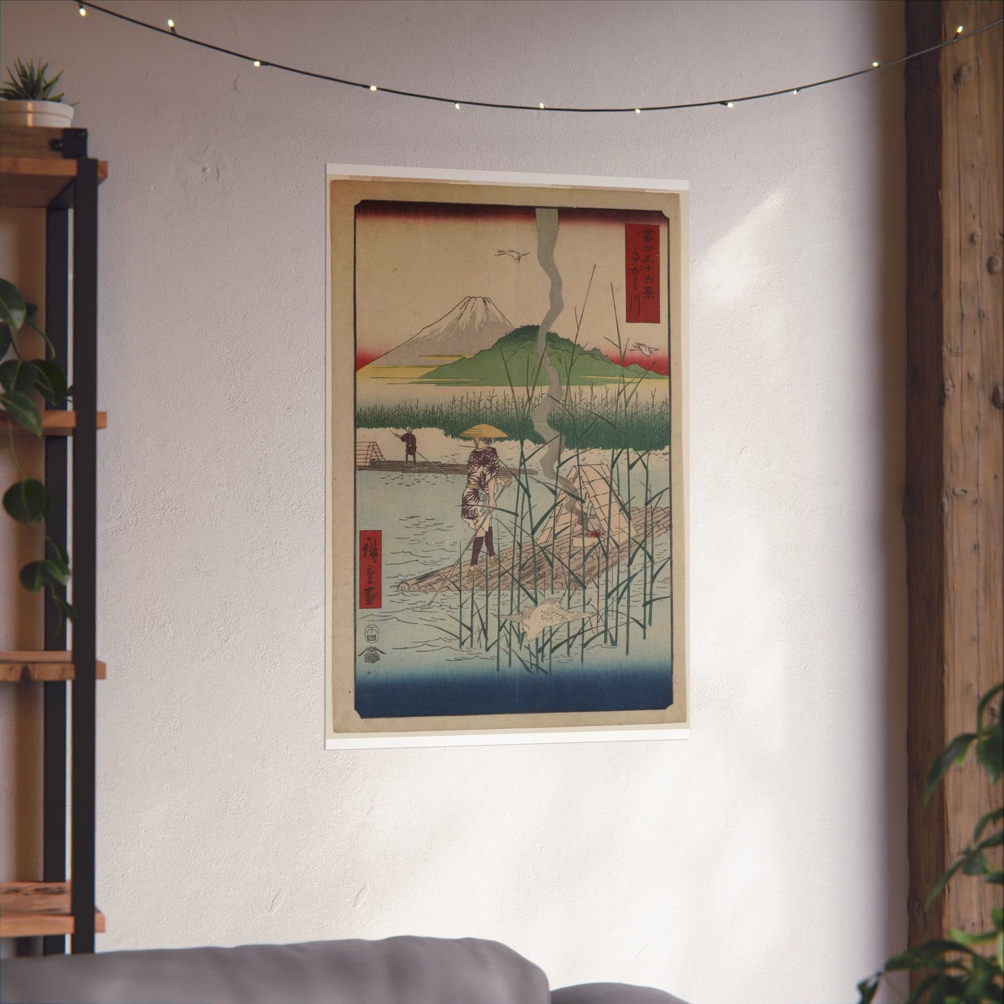 18 - The Sagami River - A painting of a man standing on a boat in a body of water High Quality Matte Wall Art Poster for Home, Office, Classroom