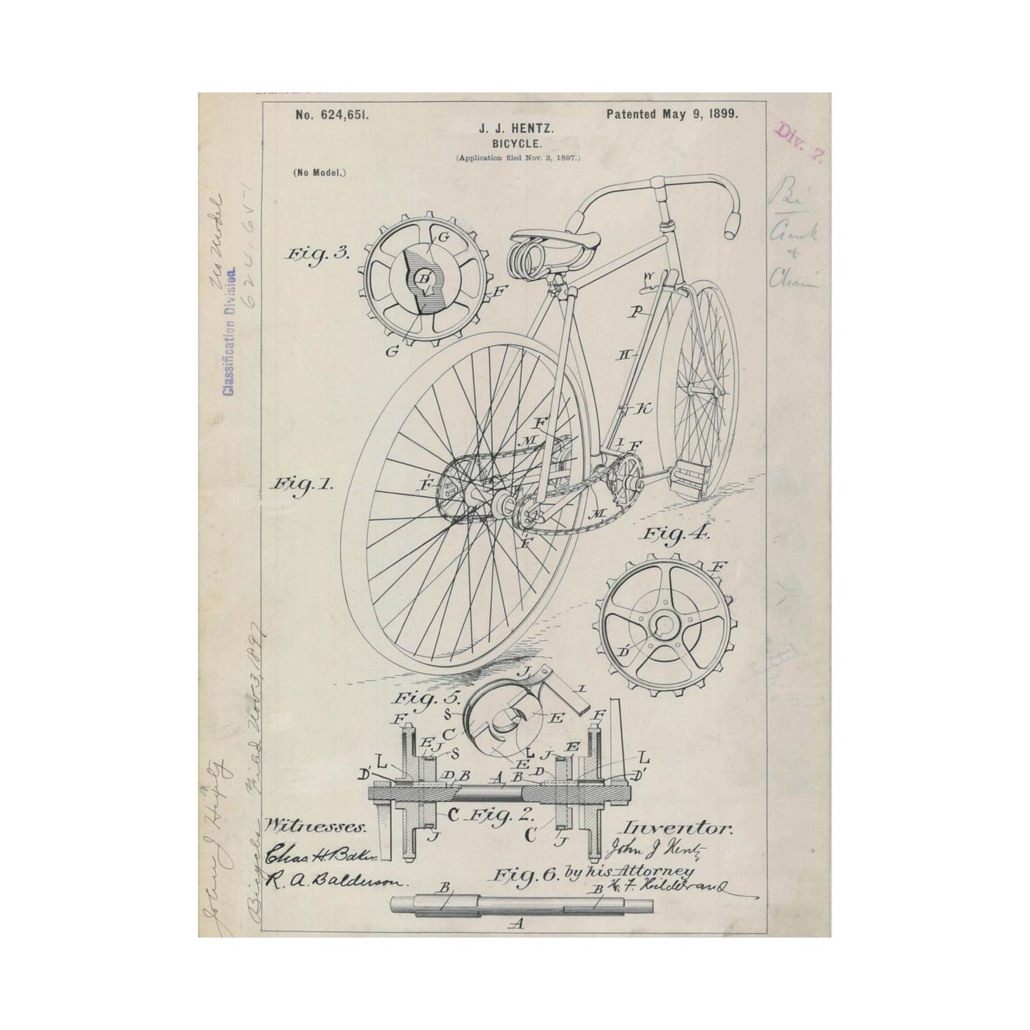 Patent drawing - for J. J. Hentz' Bicycle Public domain image High Quality Matte Wall Art Poster for Home, Office, Classroom