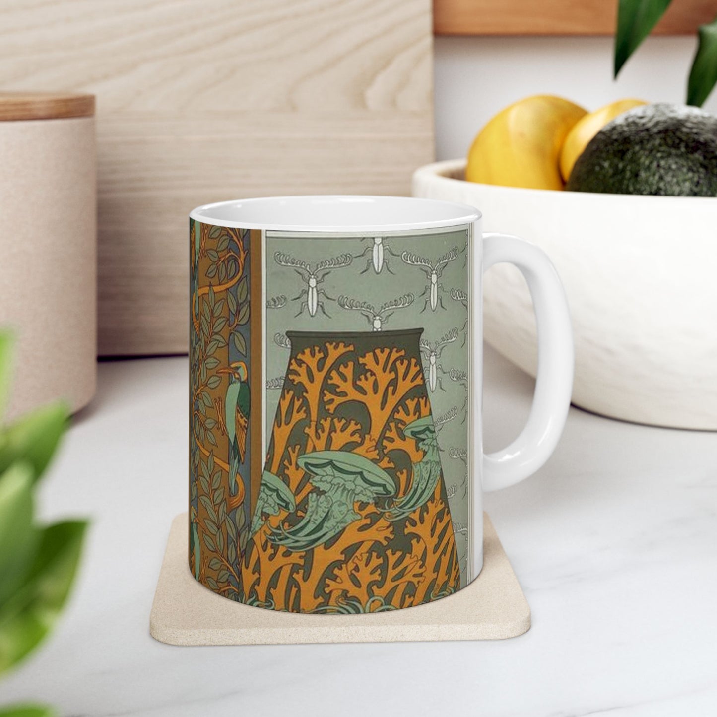 Piverts et arbre, bordure verticale. Lapins et feuilles, bordure. Méduses, anémones de mer et algues, vase. Insectes, jeu de fond. Beautiful Novelty Ceramic Coffee Mug 11oz