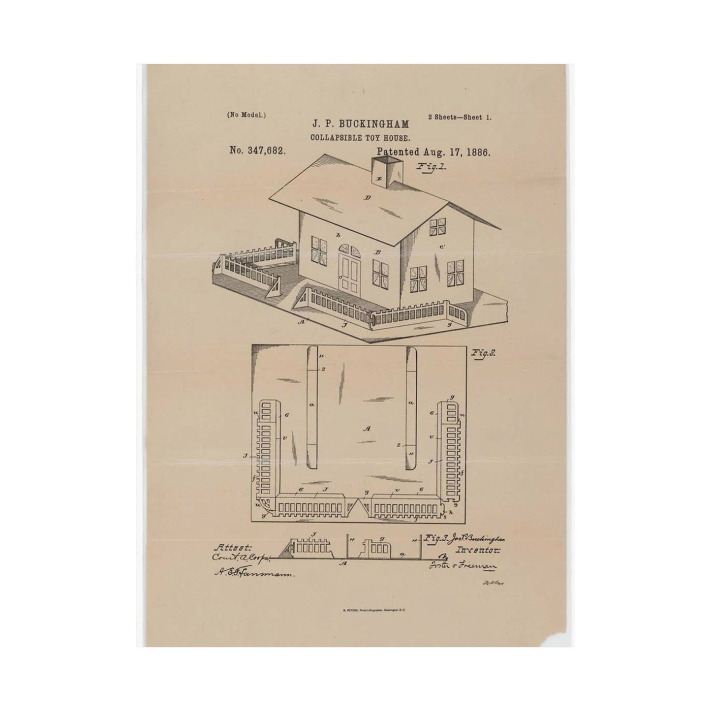 Patent Drawing of Engine - Drawing for a Collapsible Toy House Public domain image High Quality Matte Wall Art Poster for Home, Office, Classroom