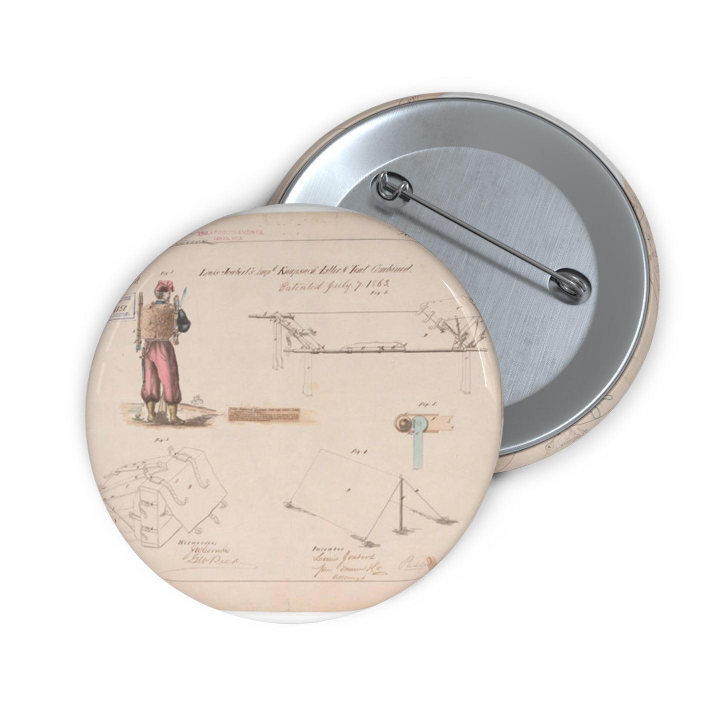 Patent drawing - Drawing of Improved Knapsack, Litter and Tent Combined Public domain image Pin Buttons with Crisp Design