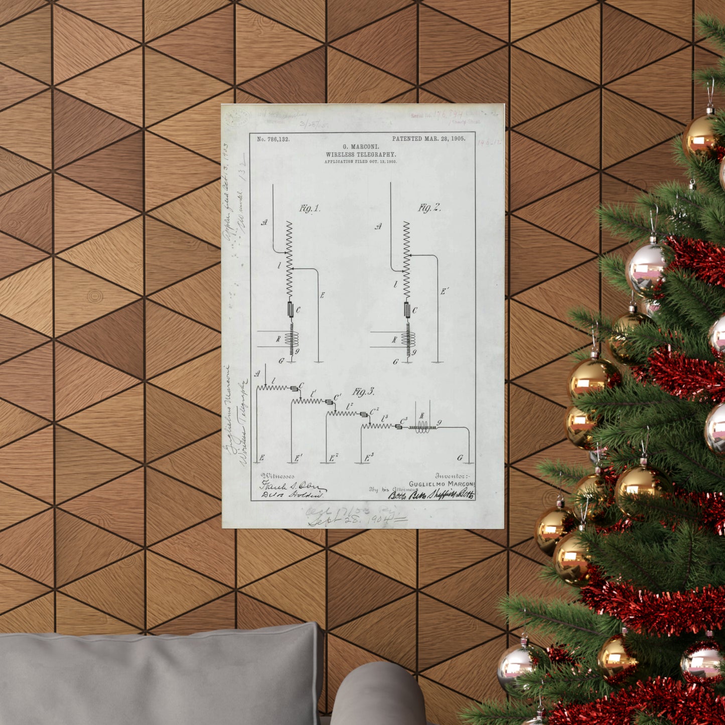Patent drawing - for G. Marconi's Wireless Telegraphy Public domain image High Quality Matte Wall Art Poster for Home, Office, Classroom