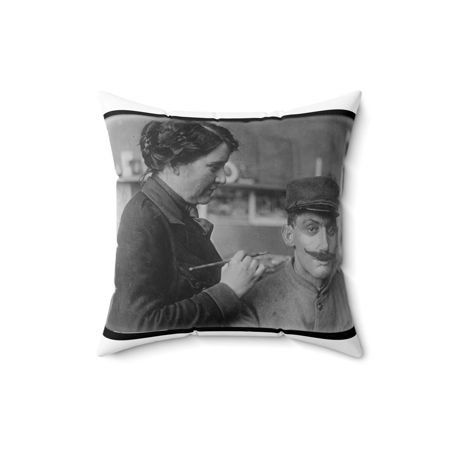 Mrs. Anna Coleman Ladd and Mr Caudron. Mrs. A. Coleman Ladd working on portrait mask Decorative Accent Square Pillow