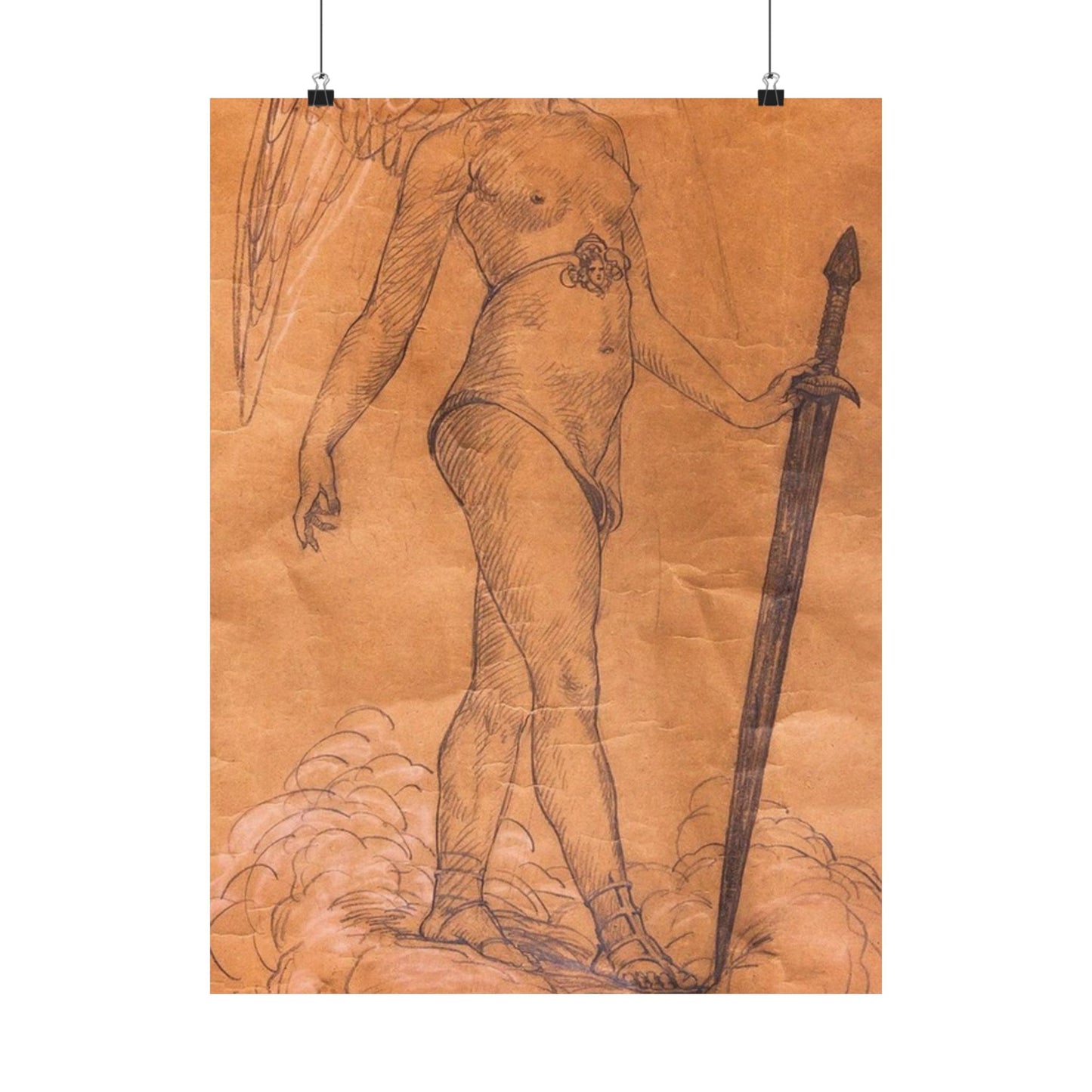 A drawing of an angel holding a sword. Woman breasts sword, beauty fashion. High Quality Matte Wall Art Poster for Home, Office, Classroom