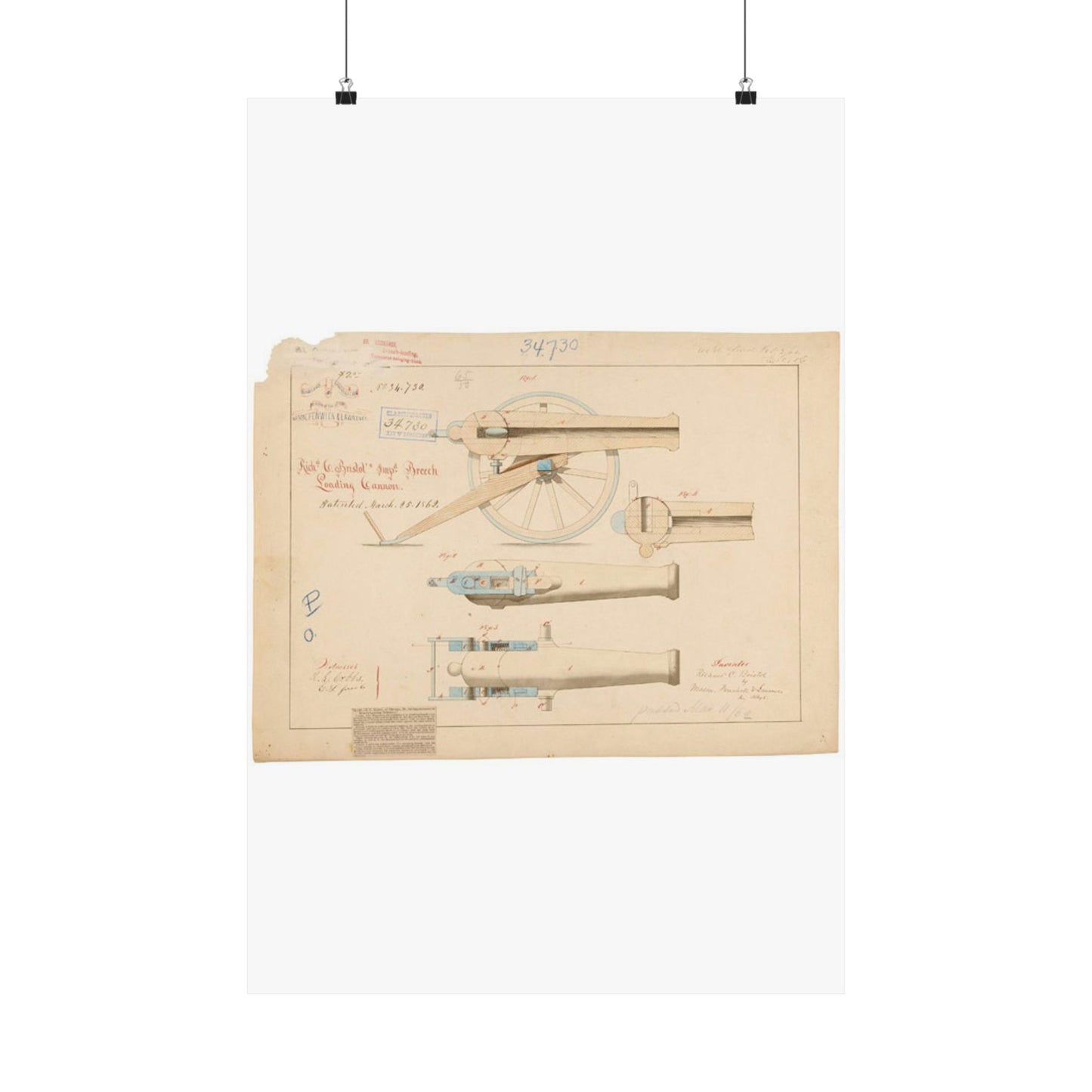 Patent drawing - Drawing of Improved Breech Loading Cannon Public domain image High Quality Matte Wall Art Poster for Home, Office, Classroom