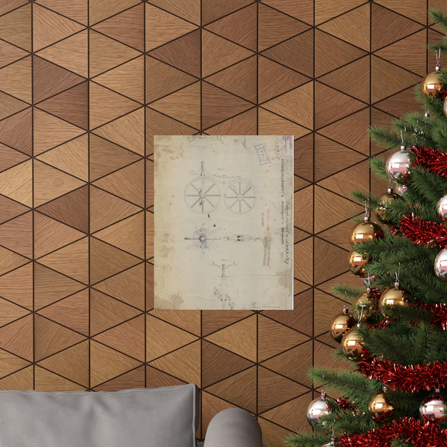 Patent drawing - for Pierre Lallement's Improvement in Velocipedes Public domain image High Quality Matte Wall Art Poster for Home, Office, Classroom