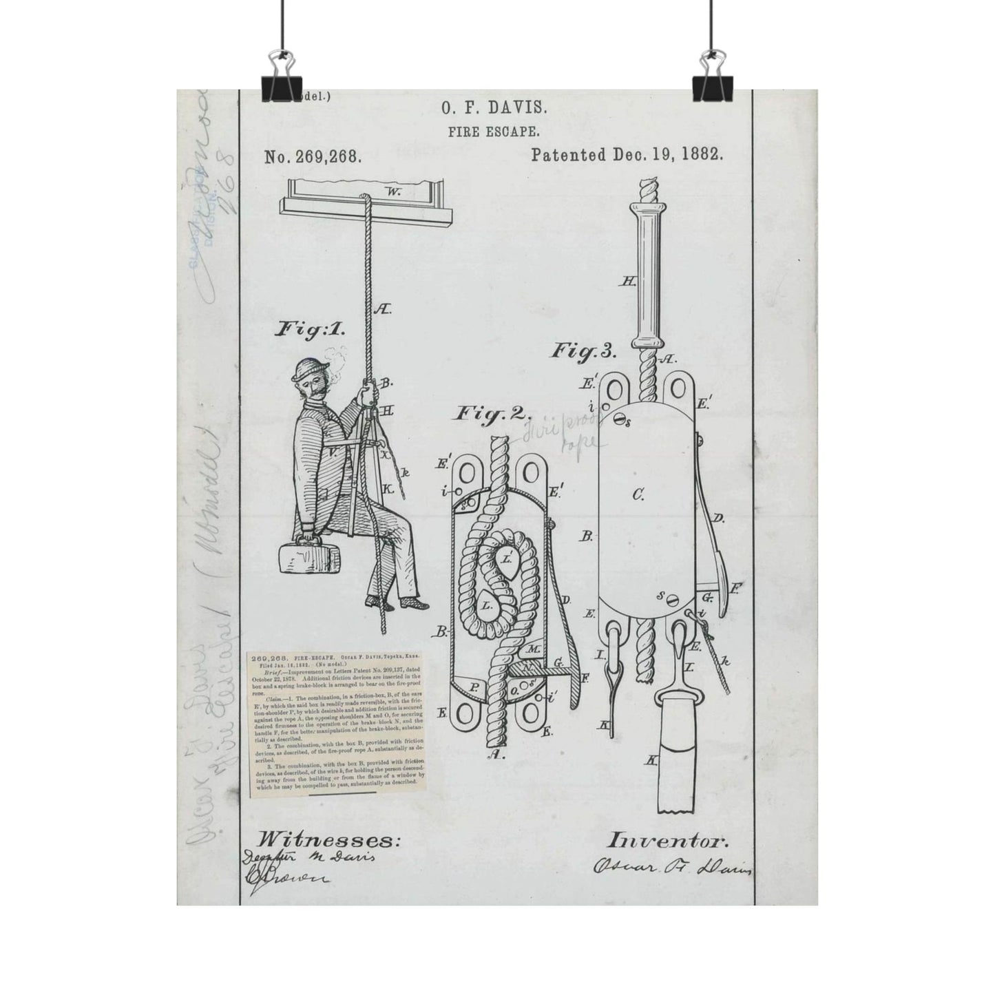 Patent Drawing of Engine - for O. F. Davis' Fire Escape Public domain image High Quality Matte Wall Art Poster for Home, Office, Classroom