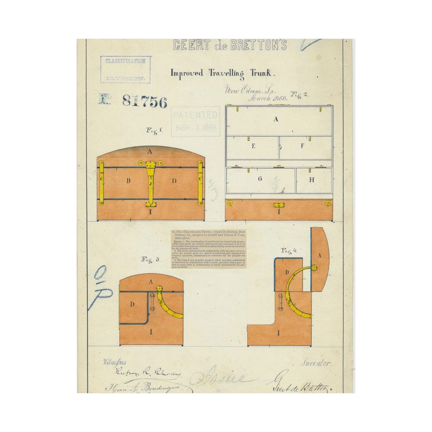 Patent drawing - Drawing of an Improved Traveling Trunk Public domain image High Quality Matte Wall Art Poster for Home, Office, Classroom