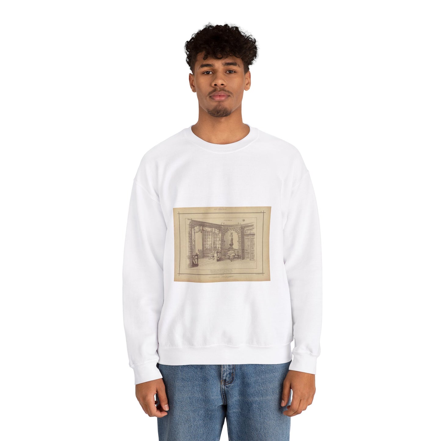 Vestibule : décor de baie en bois découpé sur treillage doré. Lambris, meubles et porte en bois de frêne verni. Etoffe des sièges et de la baie en soie brochée. White Heavy Blend Adult Crew Neck SweatShirt