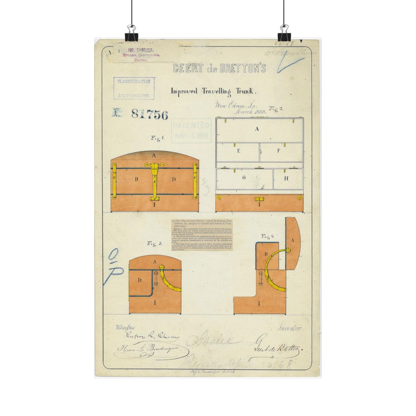 Patent drawing - Drawing of an Improved Traveling Trunk Public domain image High Quality Matte Wall Art Poster for Home, Office, Classroom