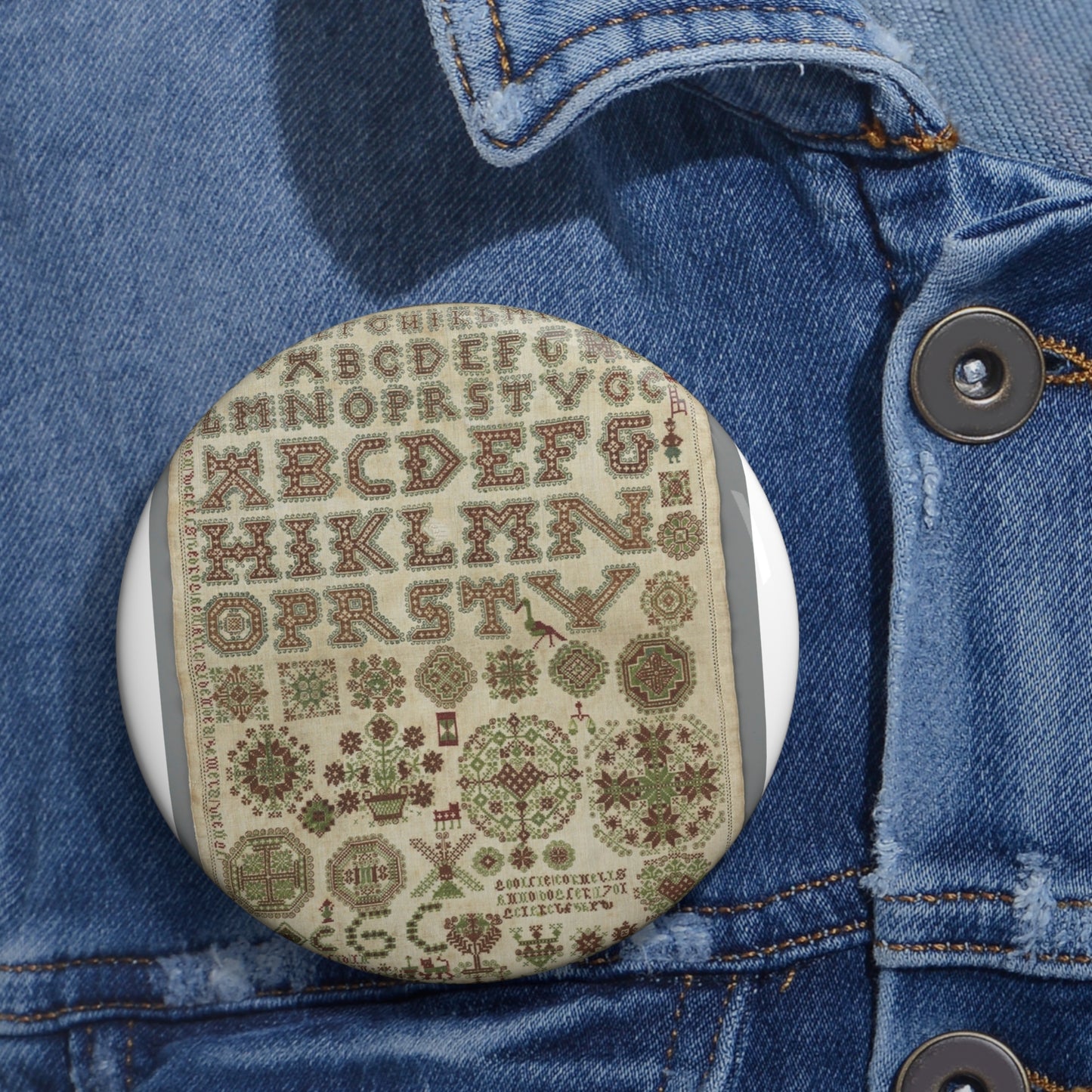 Signed and Dated Linen Sampler with Silk Embroidery Pin Buttons with Crisp Design