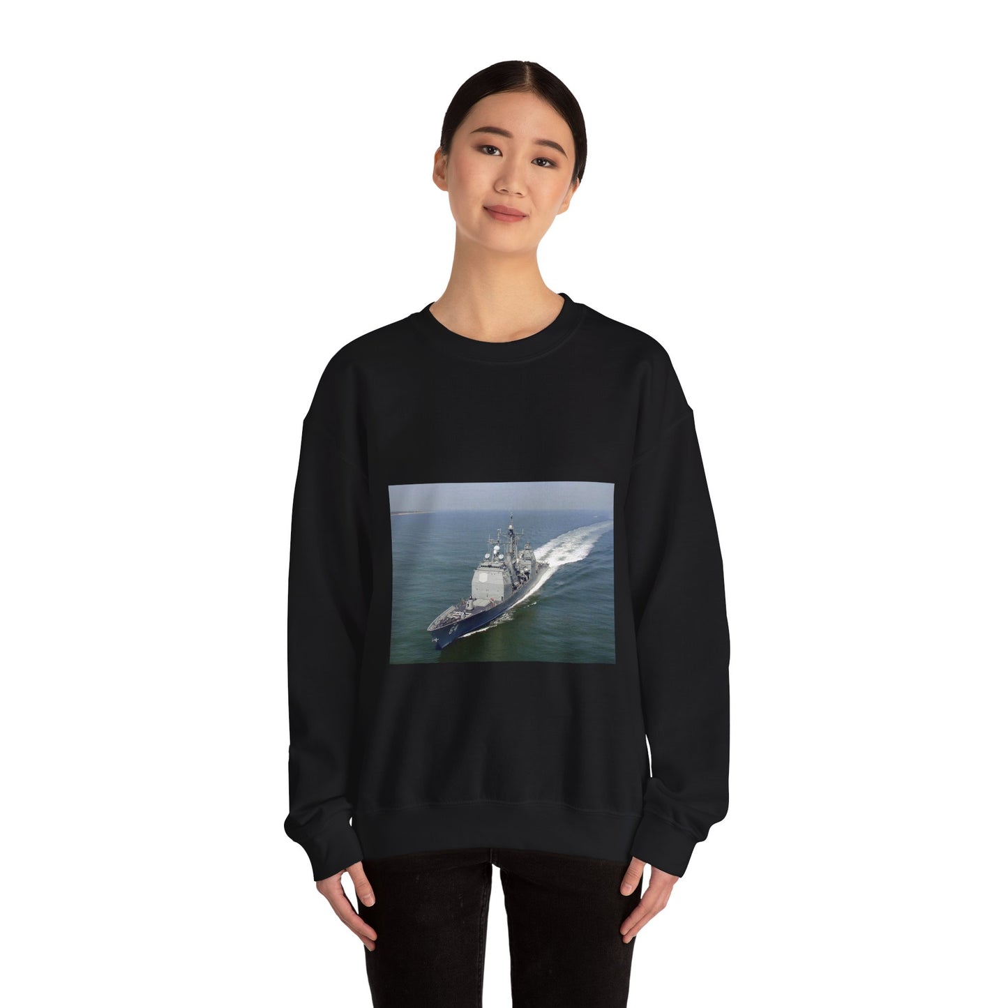 Aerial port bow view of the guided missile cruiser USS GETTYSBURG (CG 64) underway off Fort Story, Virginia Black Heavy Blend Adult Crew Neck SweatShirt