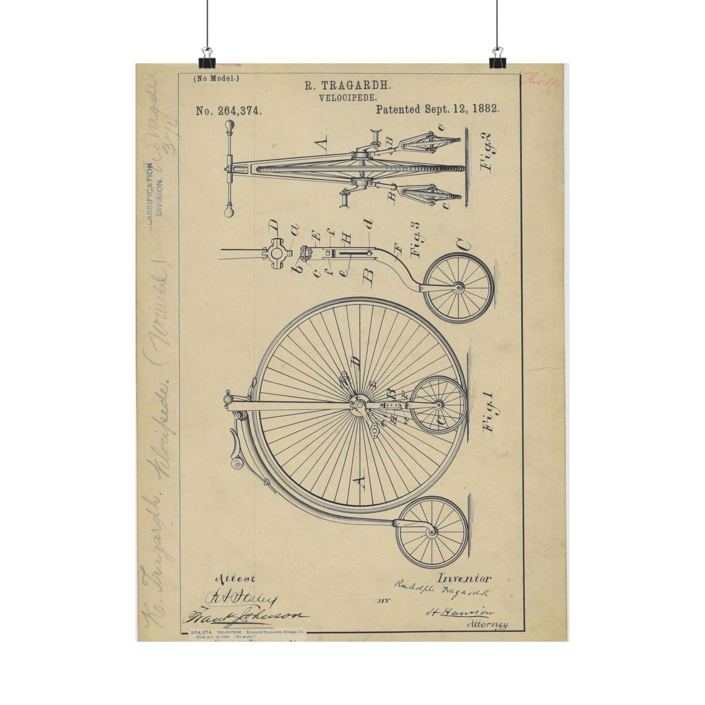 Patent drawing - Drawing of a Velocipede Public domain image High Quality Matte Wall Art Poster for Home, Office, Classroom