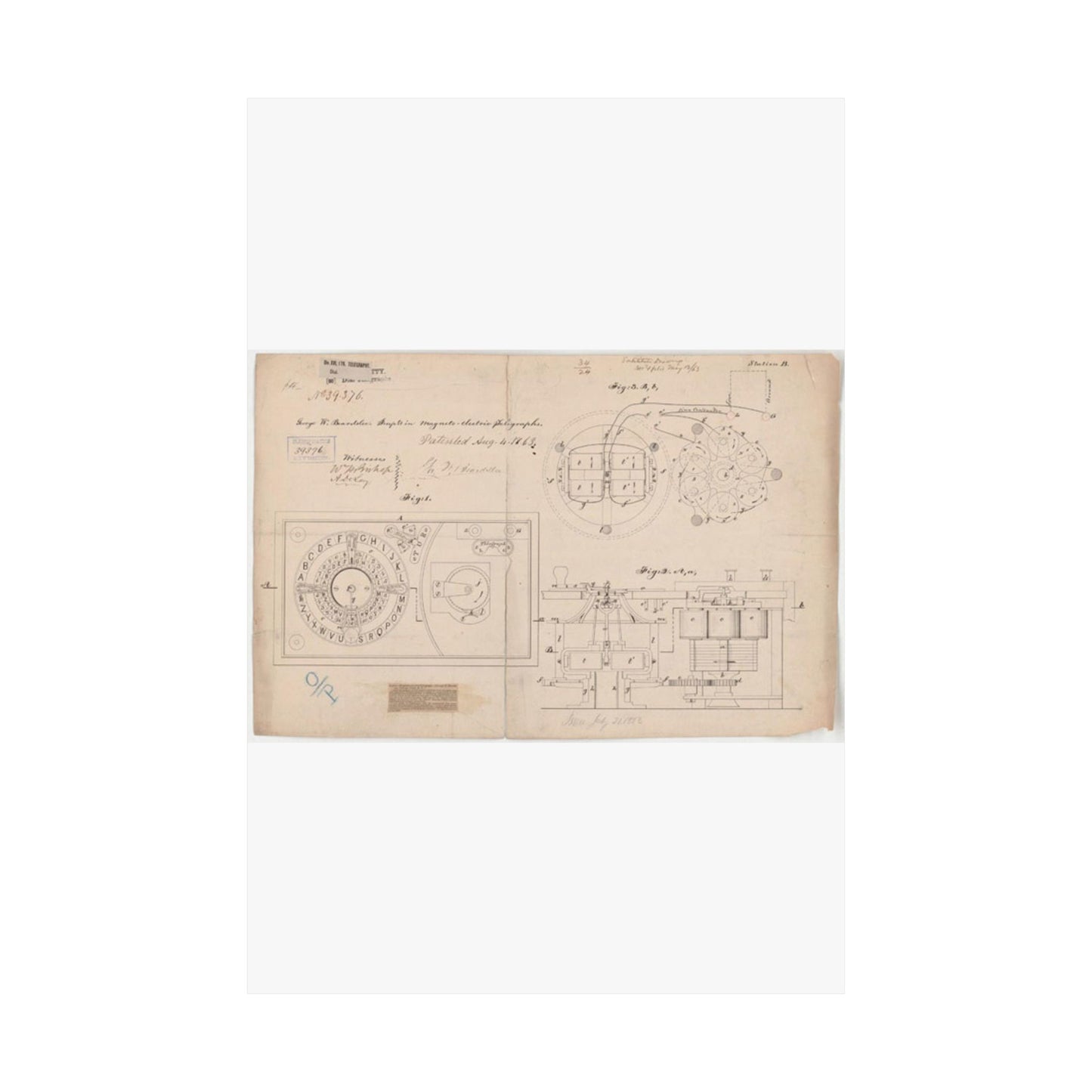 Patent drawing - Drawing of Improvements in Magneto-electric Telegraphs Public domain image High Quality Matte Wall Art Poster for Home, Office, Classroom