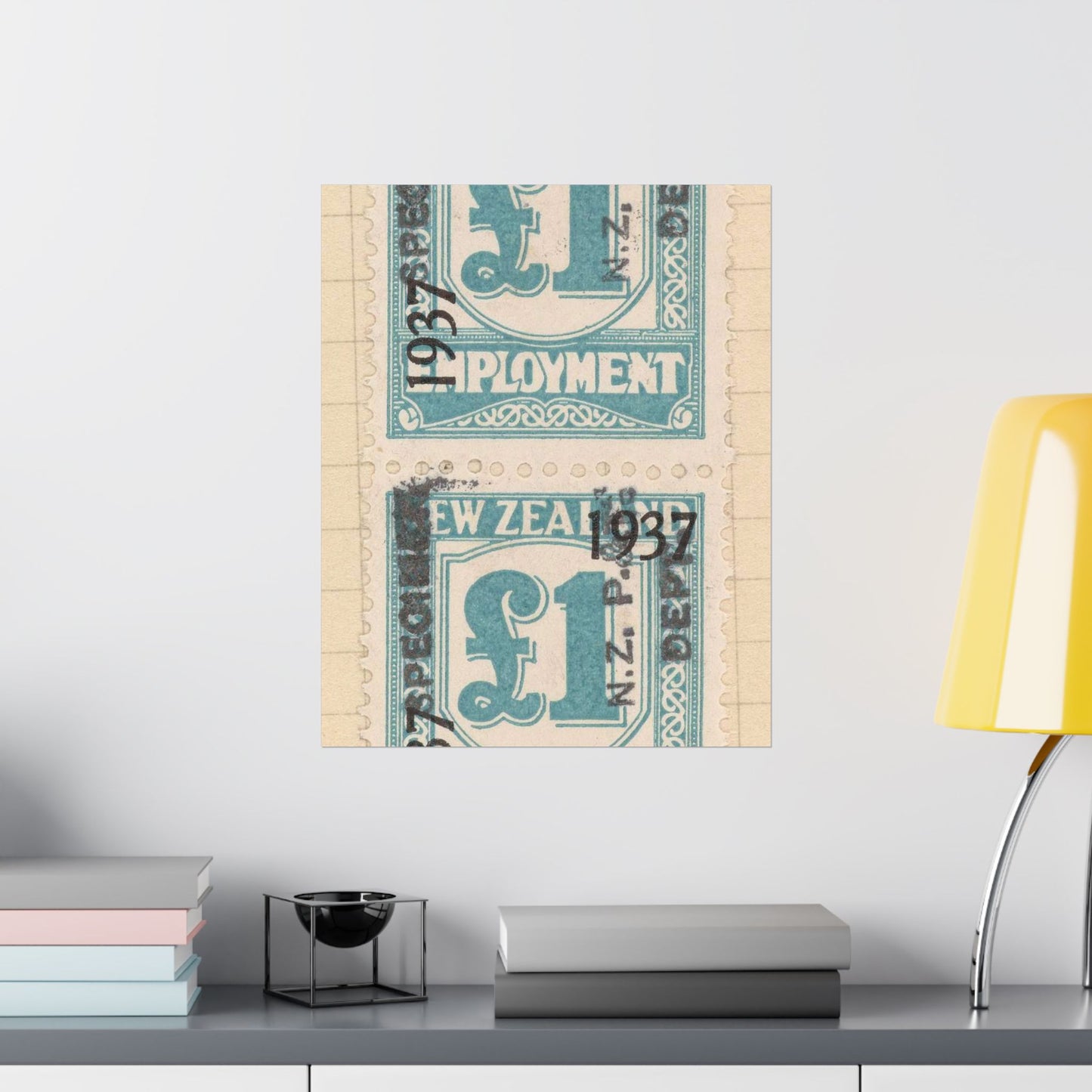 Block of one pound Unemployment Relief stamps overprinted '1937' and 'Specimen' High Quality Matte Wall Art Poster for Home, Office, Classroom
