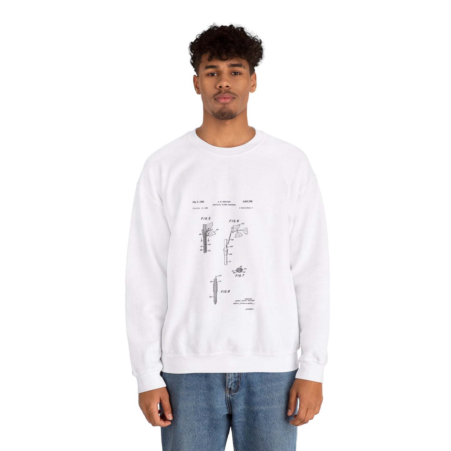 Patent Case File No. 3,041,766, Artificial Flower Structure, Inventor- Andre Emile Decamp. - DPLA - 5b42c14167aa06231801b6160e85e41a (page 8) White Heavy Blend Adult Crew Neck SweatShirt