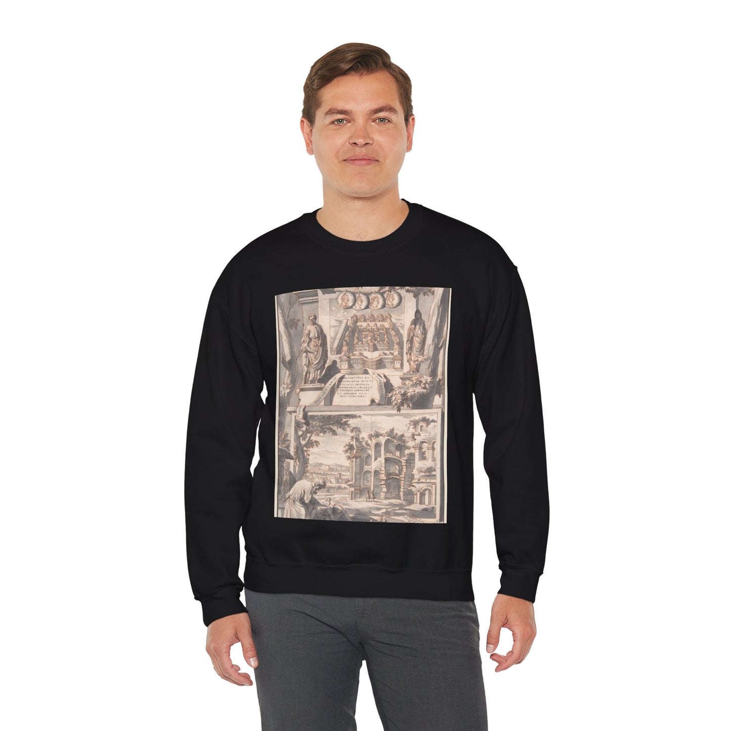 A Reconstruction of the Thermae of Diocletian (above) and a View of the Ruins (below) Black Heavy Blend Adult Crew Neck SweatShirt