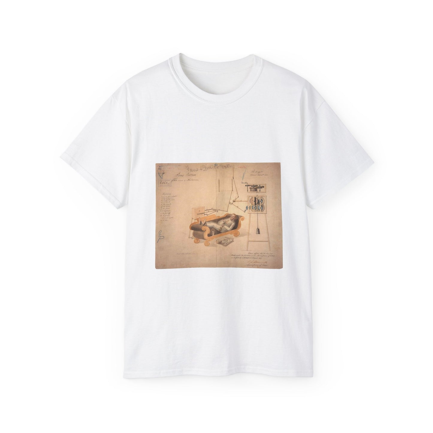 Patent drawing - Drawing of Fan Moved by Mechanism Public domain image White T-Shirt Gildan 2000 Cotton Unisex