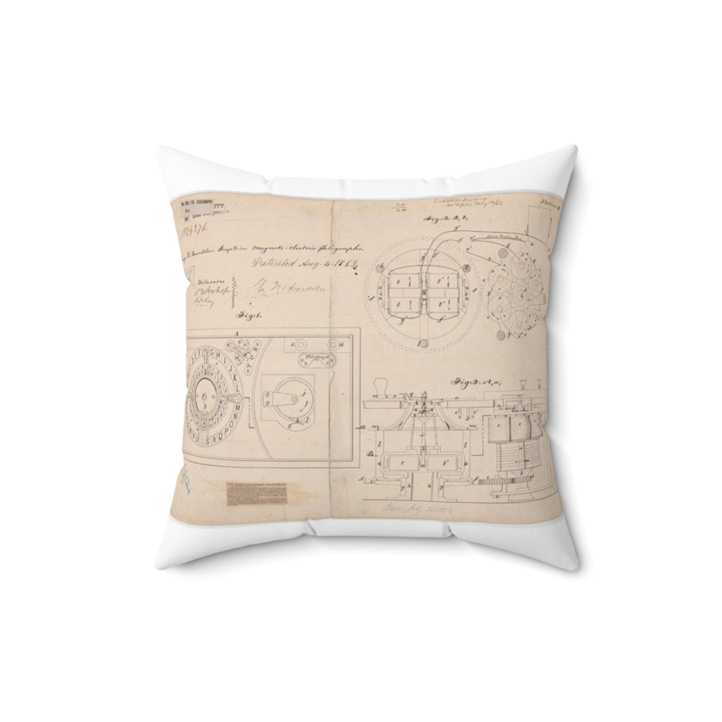Patent drawing - Drawing of Improvements in Magneto-electric Telegraphs Public domain image Decorative Accent Square Pillow