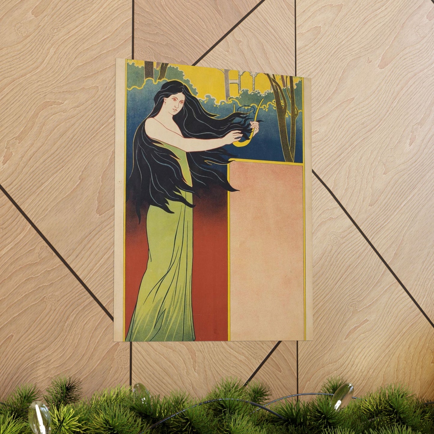 A painting of a woman with long black hair. Vintage art deco, beauty fashion. High Quality Matte Wall Art Poster for Home, Office, Classroom