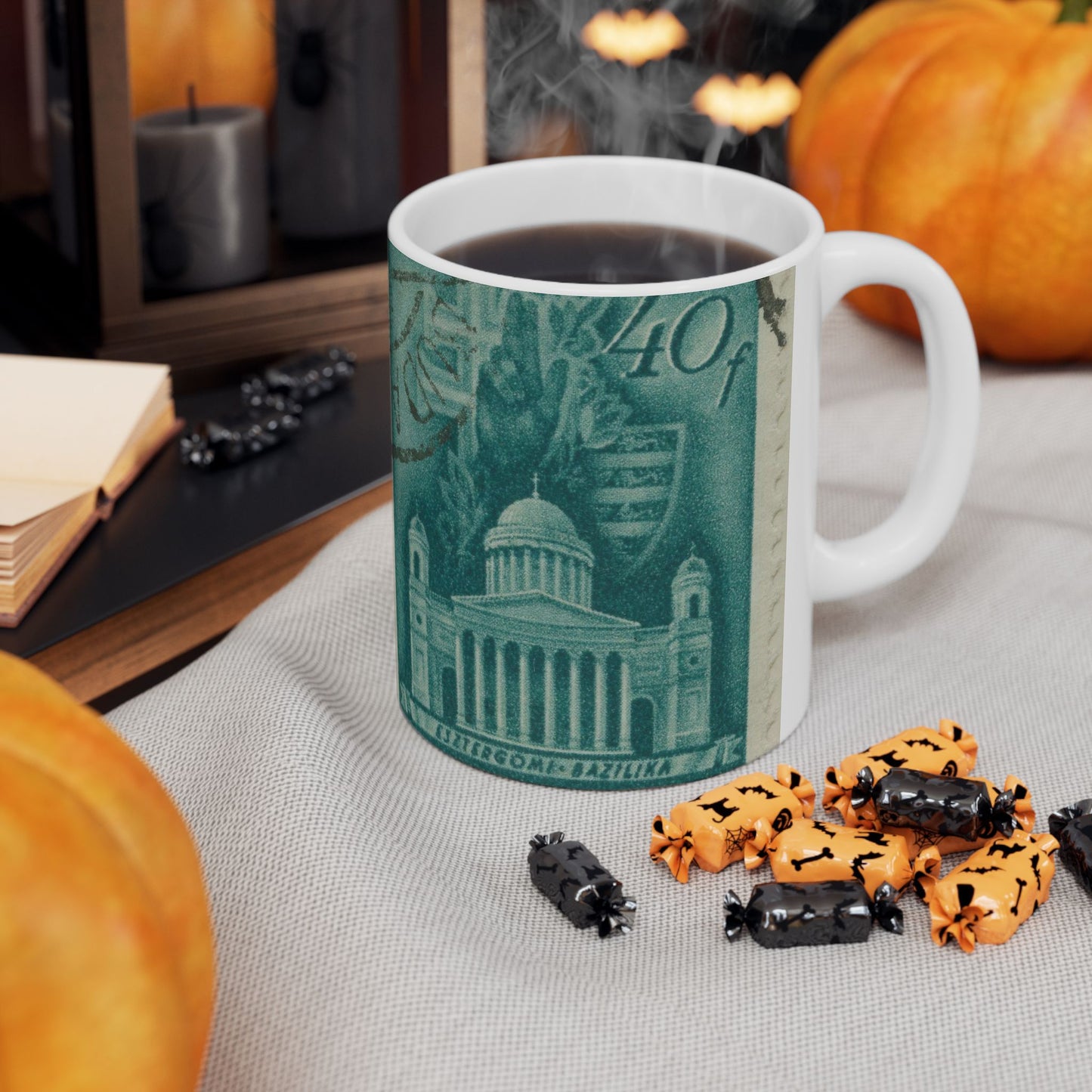 Frimärke ur Gösta Bodmans filatelistiska motivsamling, påbörjad 1950.Frimärke från Ungern, 1939. Motiv av Basilikan i Eszergom. Beautiful Novelty Ceramic Coffee Mug 11oz