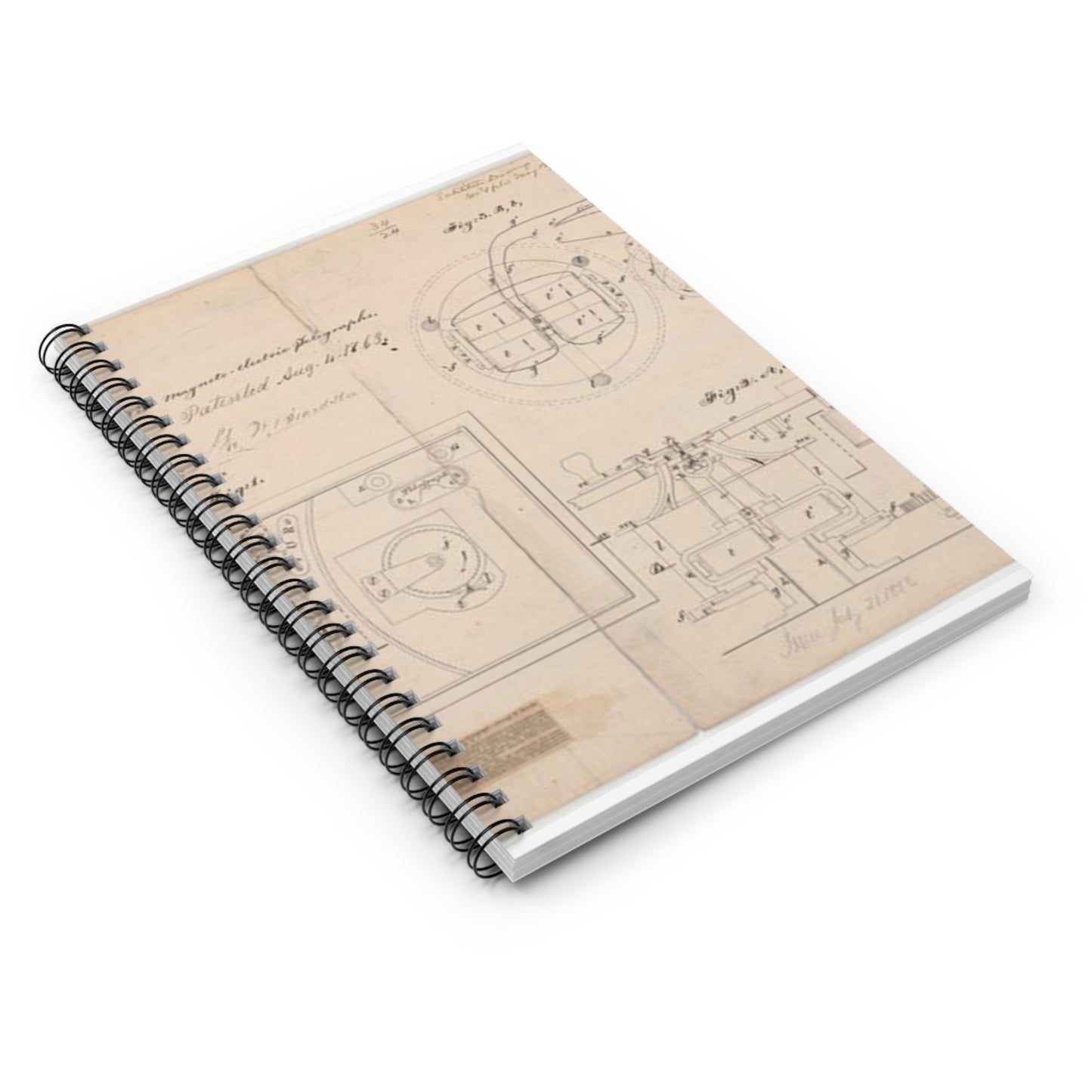 Patent drawing - Drawing of Improvements in Magneto-electric Telegraphs Public domain image Spiral Bound Ruled Notebook with Printed Cover