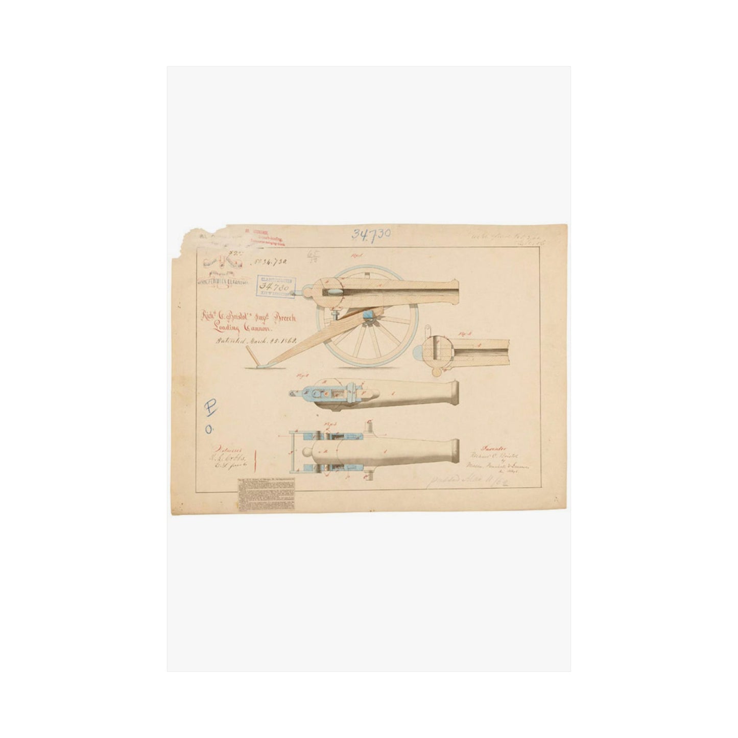 Patent drawing - Drawing of Improved Breech Loading Cannon Public domain image High Quality Matte Wall Art Poster for Home, Office, Classroom