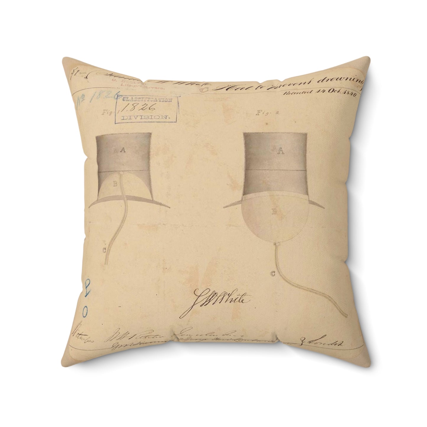 Patent drawing - Drawing of Hat to Prevent Drowning Public domain image Decorative Accent Square Pillow