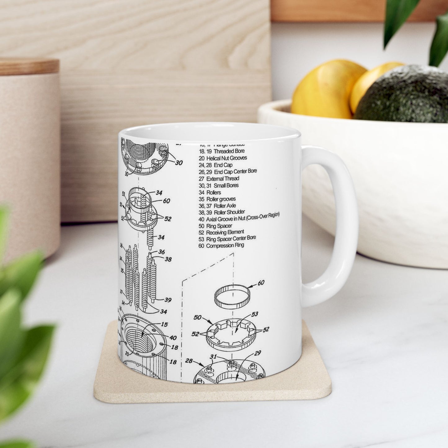 Patent drawing - Cage-less Recirculating Roller Screw Public domain image Beautiful Novelty Ceramic Coffee Mug 11oz