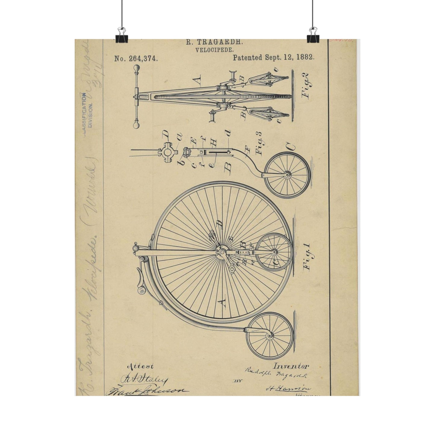 Patent drawing - Drawing of a Velocipede Public domain image High Quality Matte Wall Art Poster for Home, Office, Classroom