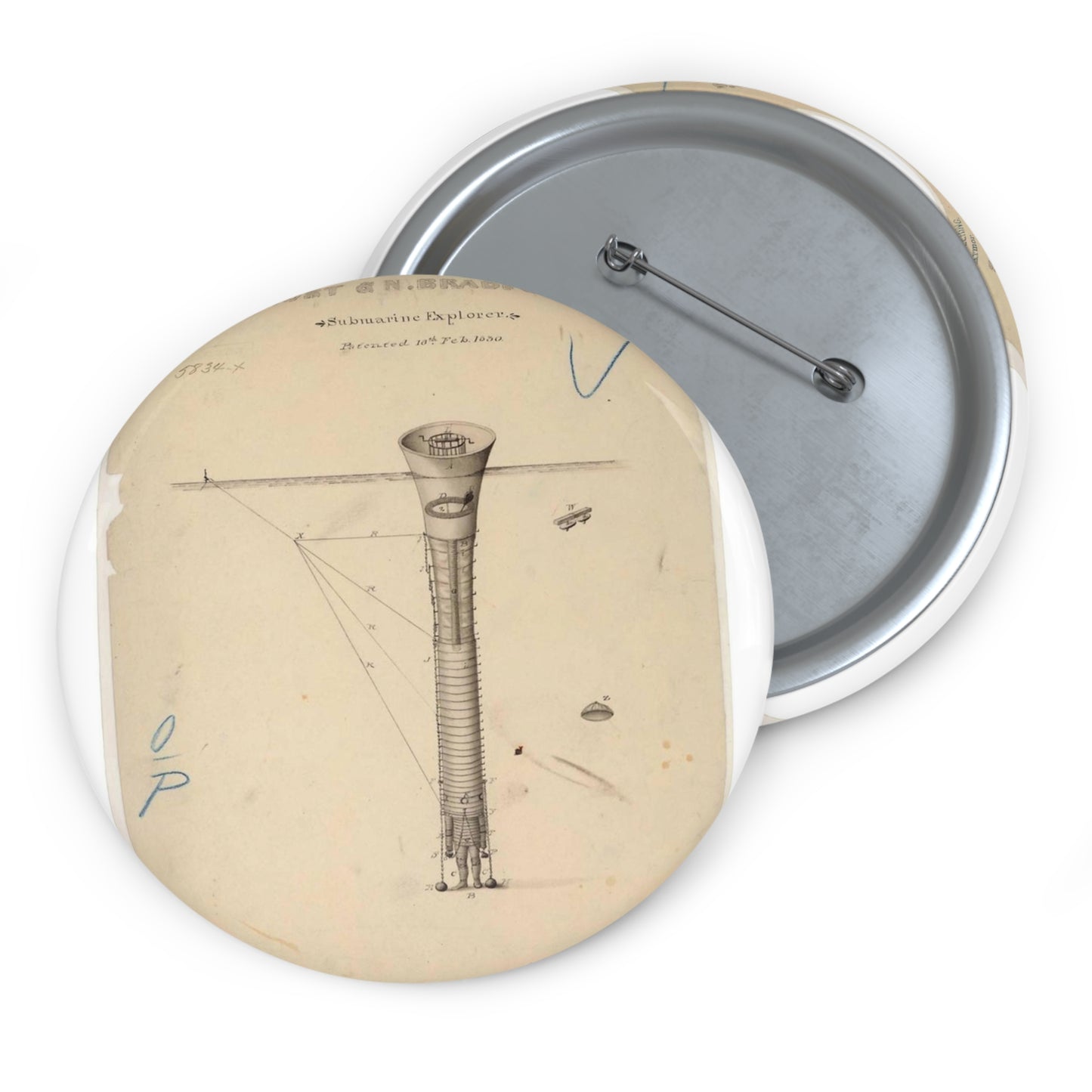 Patent drawing - Drawing of Submarine Explorer - Public domain portrait drawing Public domain image Pin Buttons with Crisp Design