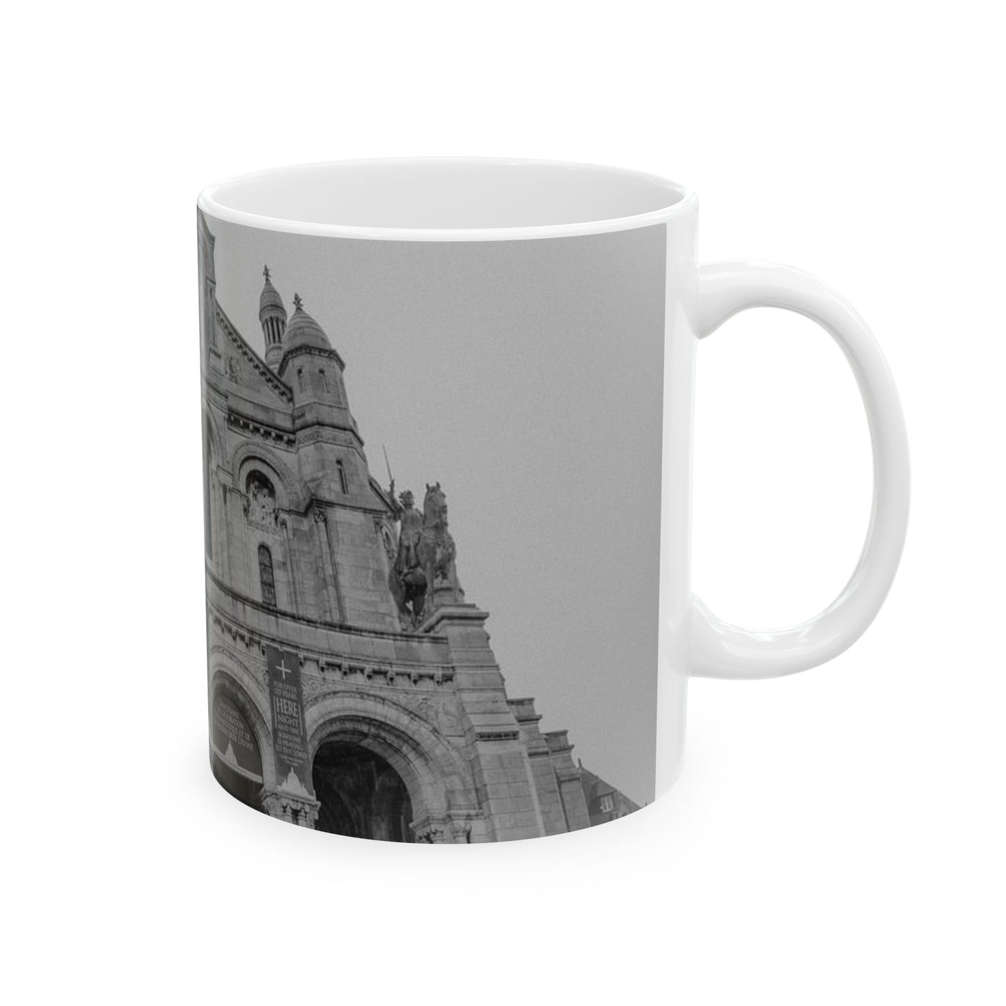 A black and white photo of a large building. Sacred heart cathedral church construction, religion. Beautiful Novelty Ceramic Coffee Mug 11oz
