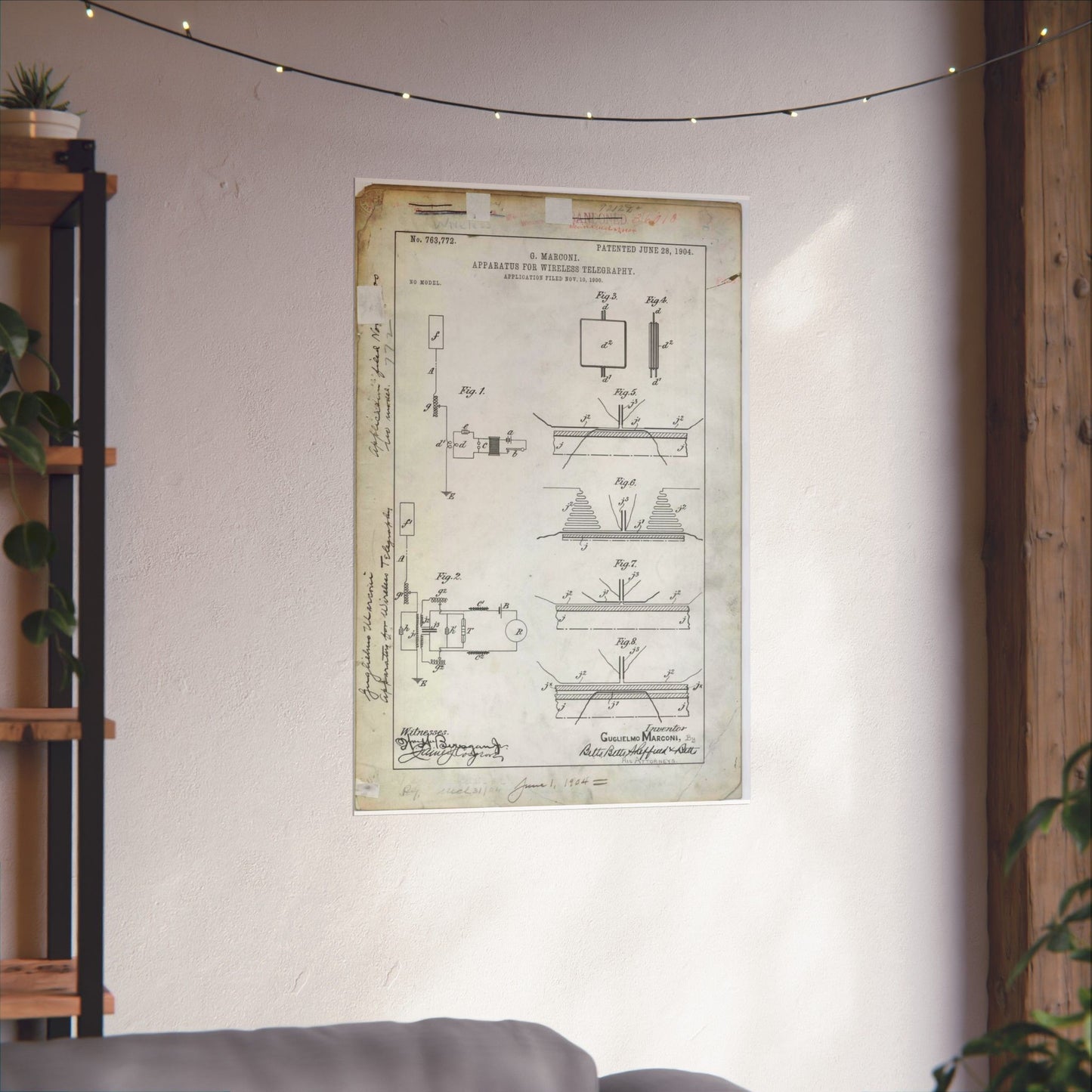 Patent drawing - for G. Marconi's Apparatus for Wireless Telegraphy Public domain image High Quality Matte Wall Art Poster for Home, Office, Classroom