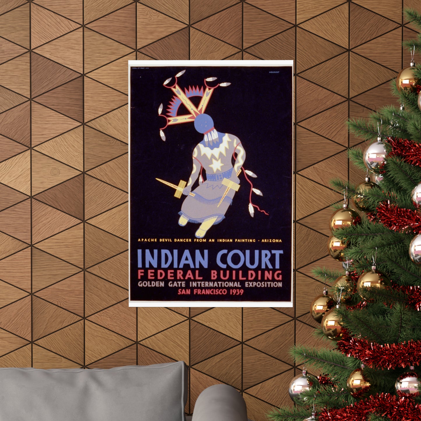 Indian court, Federal Building, Golden Gate International Exposition, San Francisco, 1939 Apache devil dancer from an Indian painting, Arizona / / Siegriest. High Quality Matte Wall Art Poster for Home, Office, Classroom