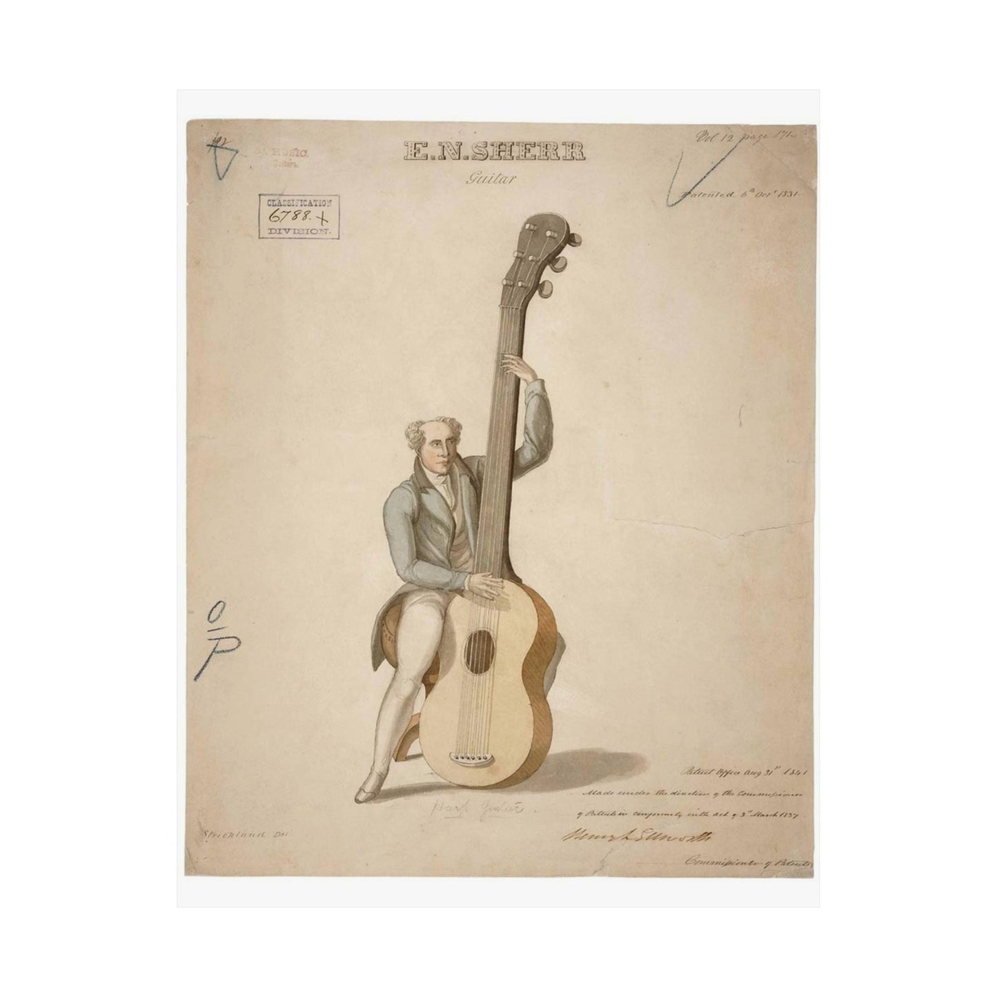Patent drawing - Drawing of a Harp Guitar Public domain image High Quality Matte Wall Art Poster for Home, Office, Classroom