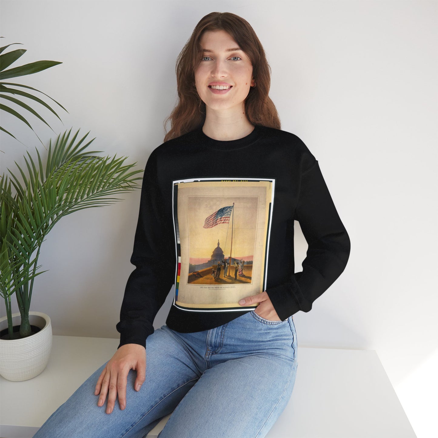 The flag that has waved one hundred years--A scene on the morning of the fourth day of July 1876 / Fabronius ; E.P. & L. Restein's oilchromo, Philadelphia. ; National Chromo Co. pub., Philadelphia. Black Heavy Blend Adult Crew Neck SweatShirt