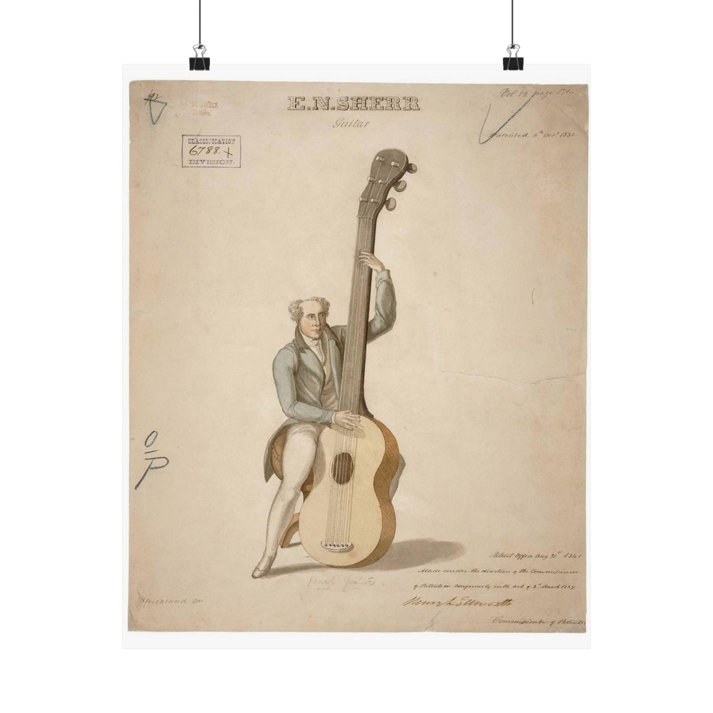 Patent drawing - Drawing of a Harp Guitar Public domain image High Quality Matte Wall Art Poster for Home, Office, Classroom