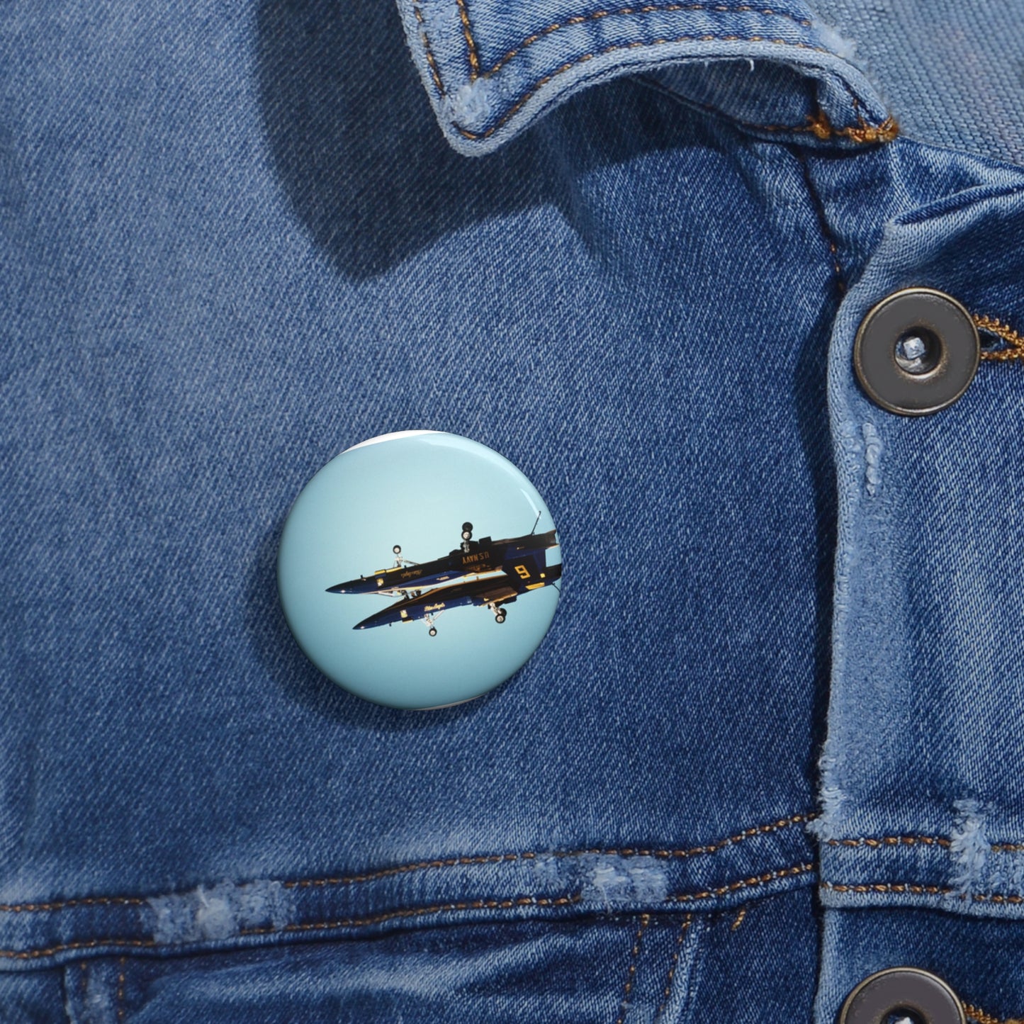 Two F/A-18A Hornet aircraft of the Blue Angels Flight Demonstration Squadron execute the Fortus maneuver during an air show Pin Buttons with Crisp Design
