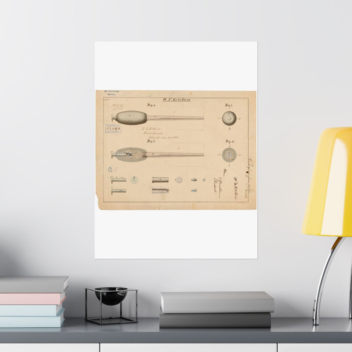 Patent Drawing of Engine - Drawing of Hand Grenade Public domain image High Quality Matte Wall Art Poster for Home, Office, Classroom