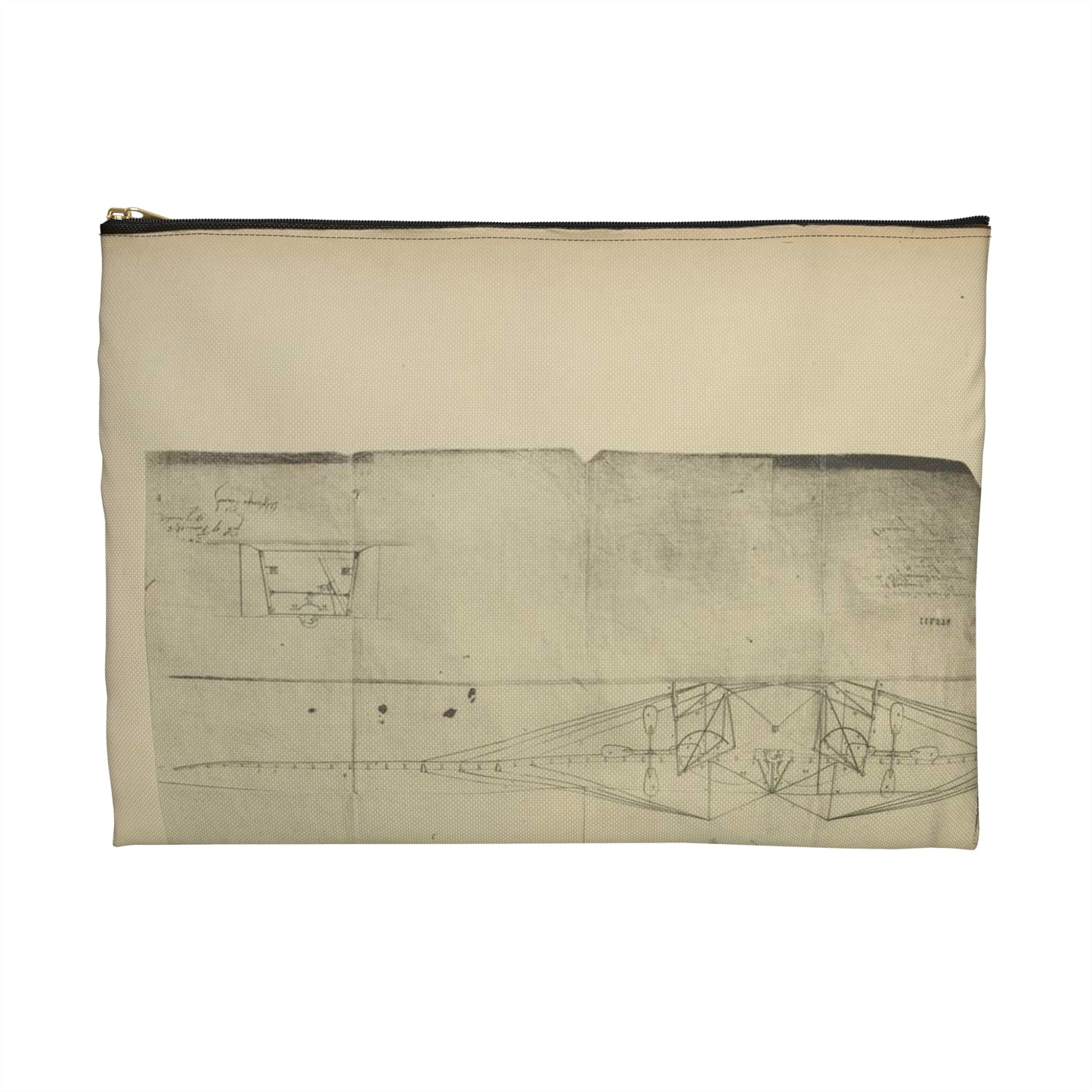 Patent drawing - Planche I et II du brevet n° 111.574 pris en France le 16 février 1876, par Penaud et Gauchot, pour «Un aéro-plane ou appareil aérien volant». Public domain image Large Organizer Pouch with Black Zipper