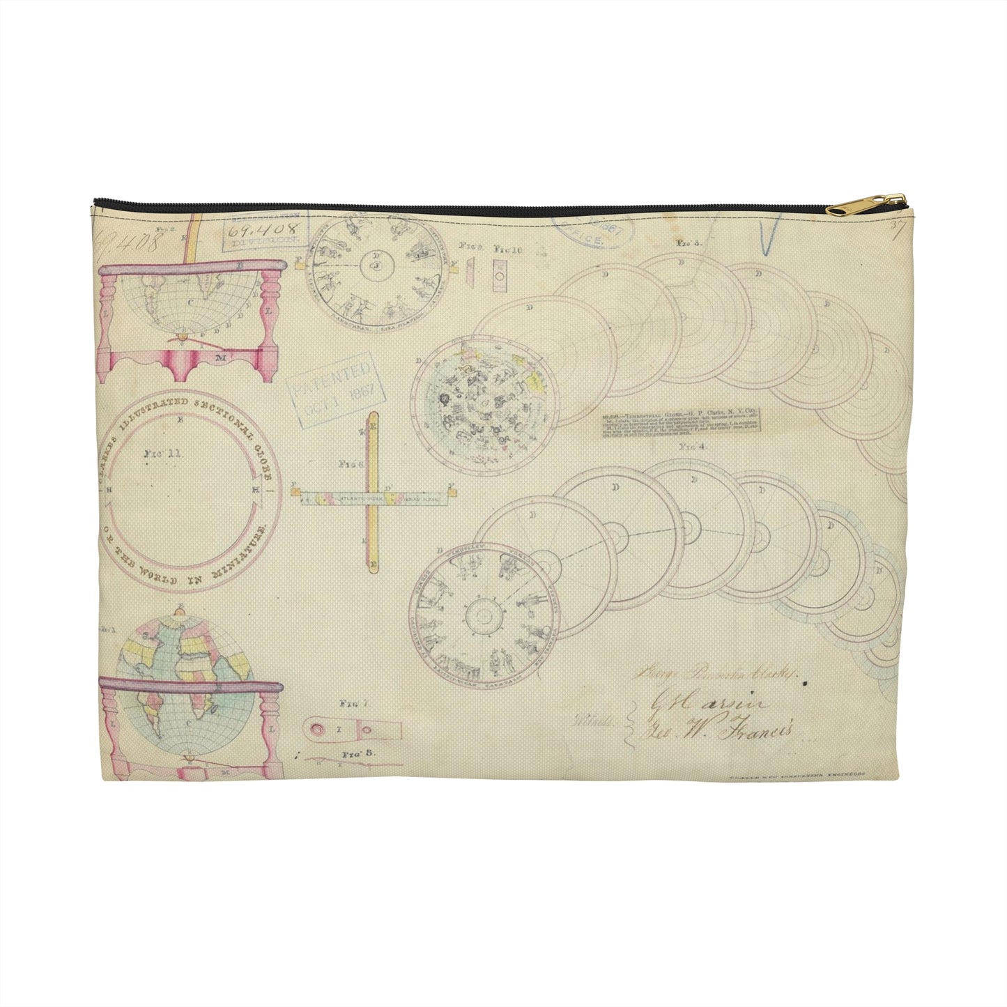 Patent drawing - Drawing of a Terrestrial Globe Public domain image Large Organizer Pouch with Black Zipper