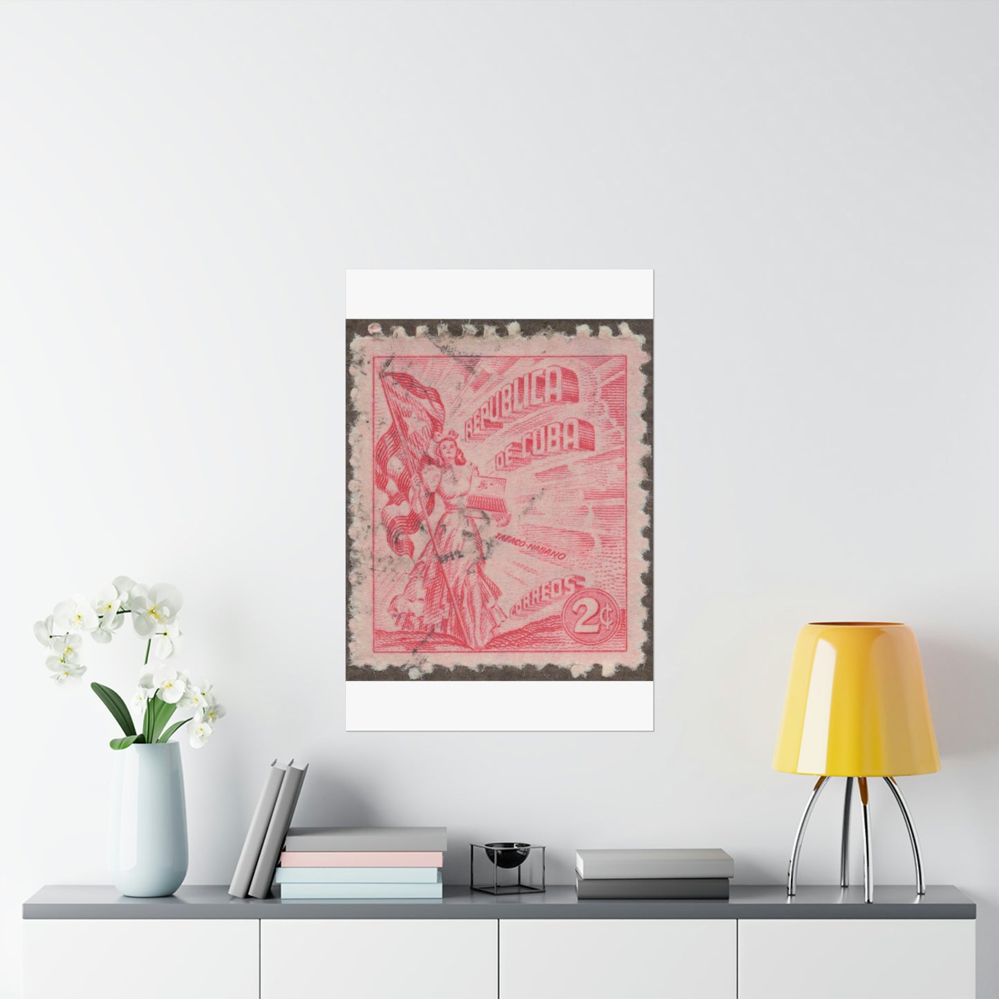 Frimärke ur Gösta Bodmans filatelistiska motivsamling, påbörjad 1950.Frimärke från Cuba, 1948. Motiv av kvinnosymbol för friheten med cigrarrlåda och flagga. High Quality Matte Wall Art Poster for Home, Office, Classroom