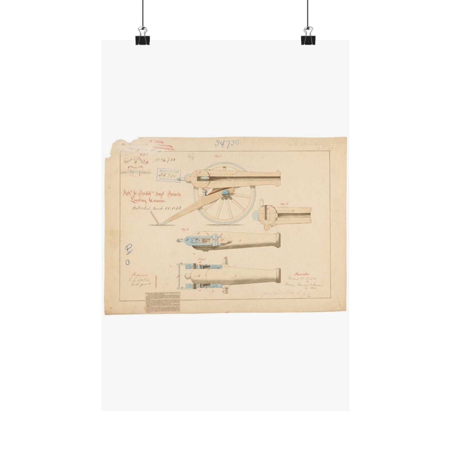 Patent drawing - Drawing of Improved Breech Loading Cannon Public domain image High Quality Matte Wall Art Poster for Home, Office, Classroom