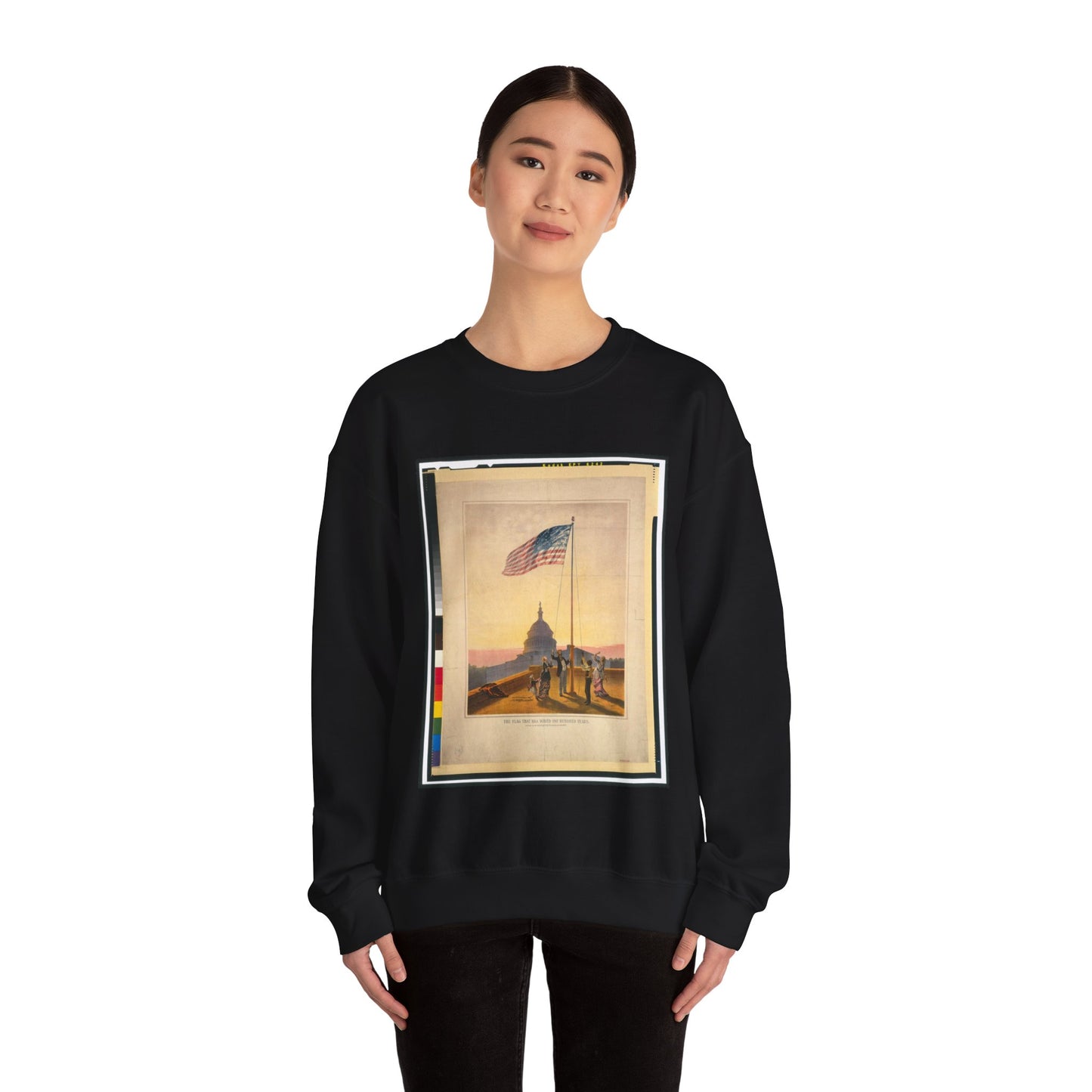 The flag that has waved one hundred years--A scene on the morning of the fourth day of July 1876 / Fabronius ; E.P. & L. Restein's oilchromo, Philadelphia. ; National Chromo Co. pub., Philadelphia. Black Heavy Blend Adult Crew Neck SweatShirt