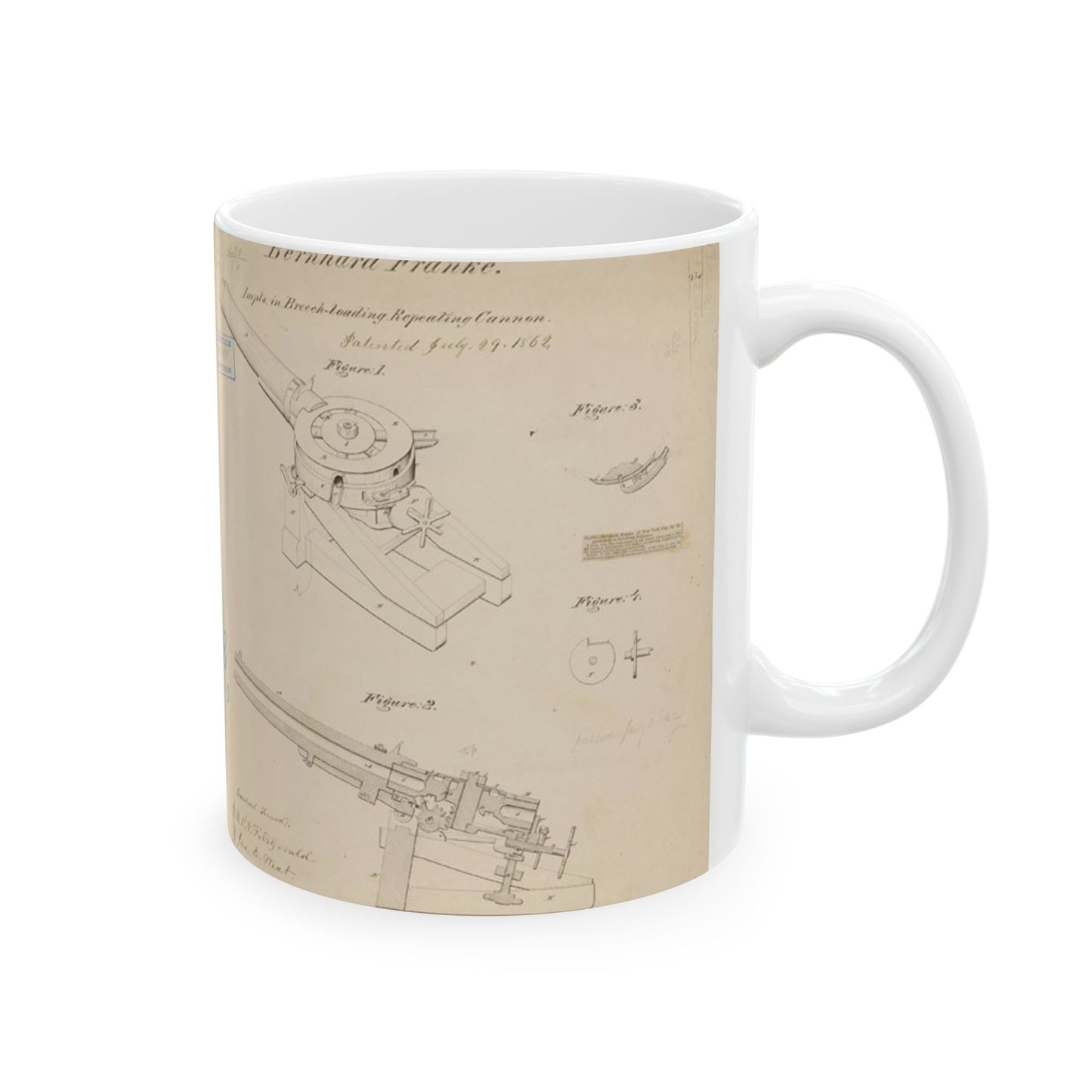 Patent drawing - Drawing of Improvements in Breech-Loading Repeating Cannon Public domain image Beautiful Novelty Ceramic Coffee Mug 11oz