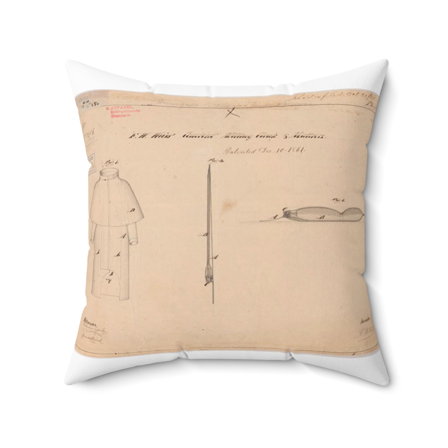Patent drawing - Drawing of Combined Military Cloak and Mattress Public domain image Decorative Accent Square Pillow