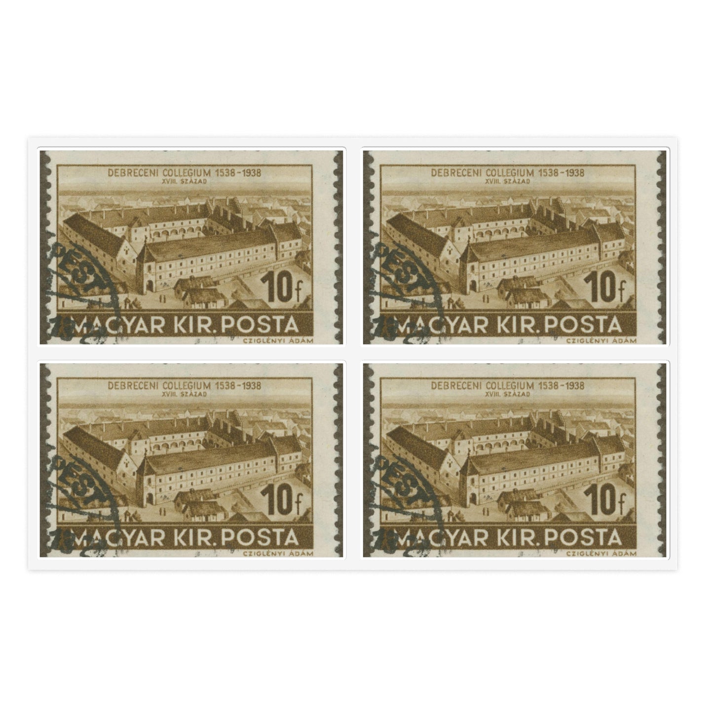 Frimärke ur Gösta Bodmans filatelistiska motivsamling, påbörjad 1950.Frimärke från Ungern, 1938. Motiv av Ungerns Universitet i Debreczen på 1700-talet. "400-årsminne: 1538-1938". Laminated UV Protective Vinyl Stickers